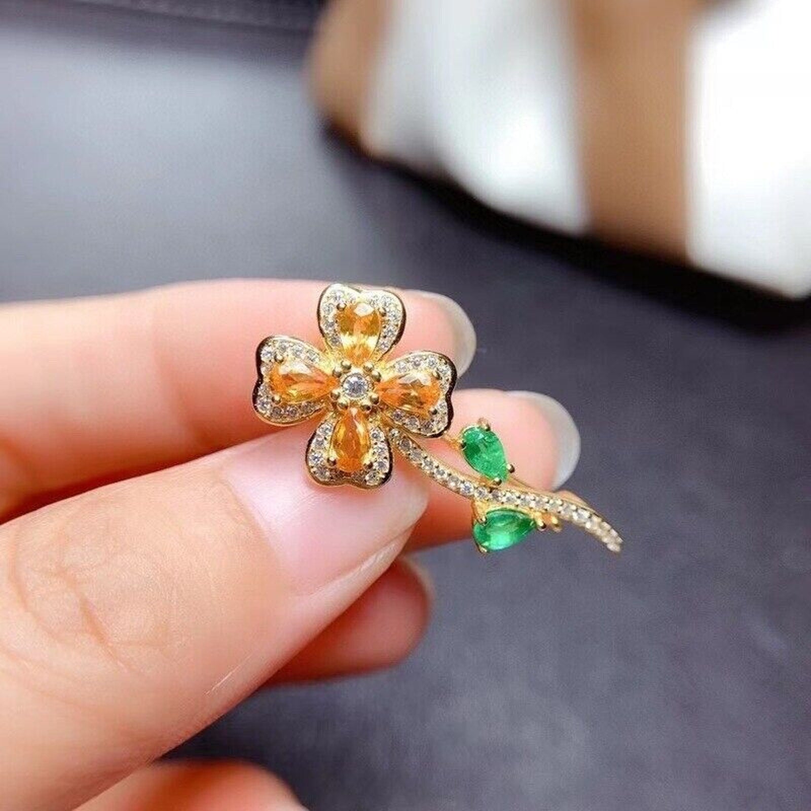 Citrine and Emerald Floral Brooch Pin, Women's Citrine Emerald Floral Pendant