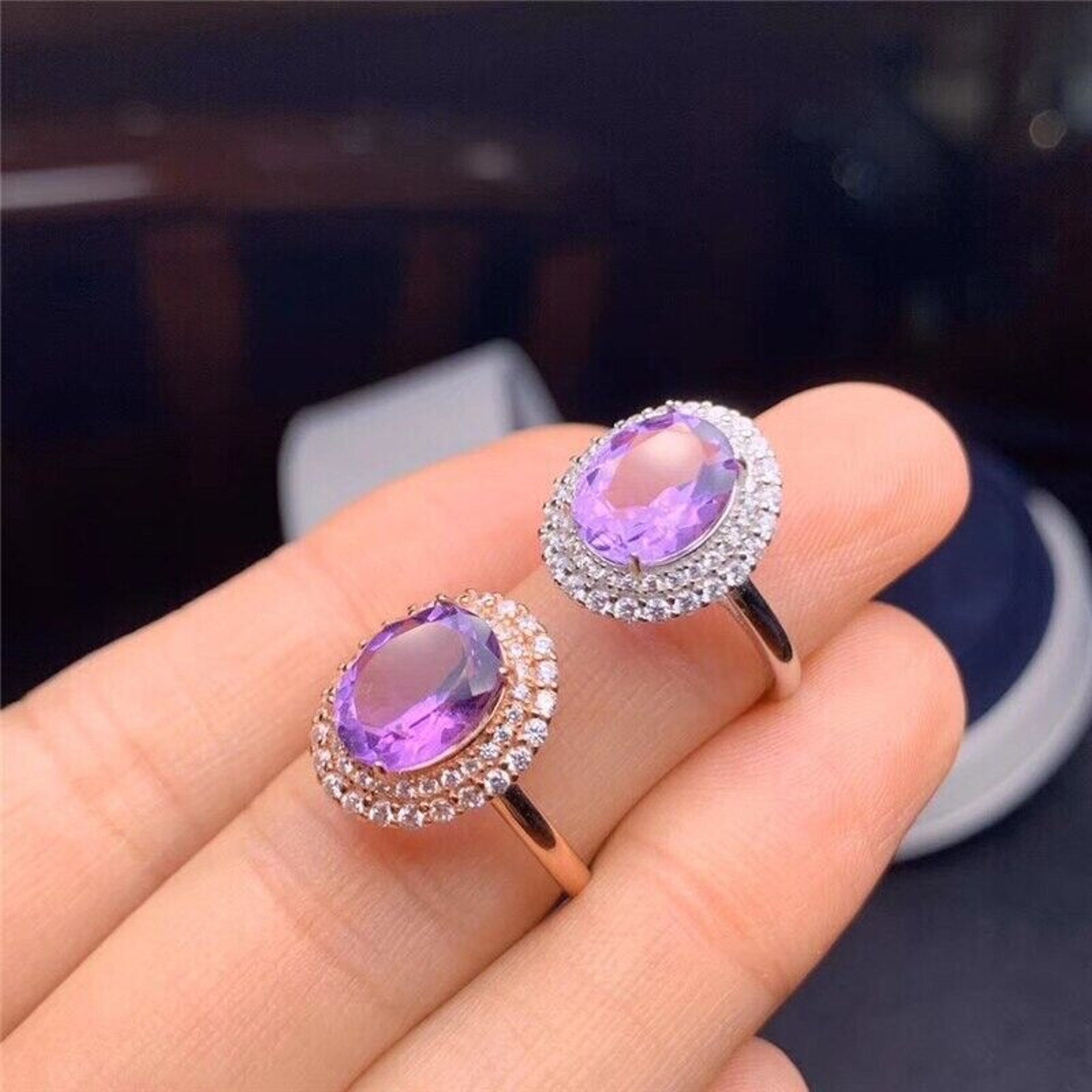 8x10mm Oval Cut Natural Amethyst Ring, Platinum Plated Sterling Silver Amethyst