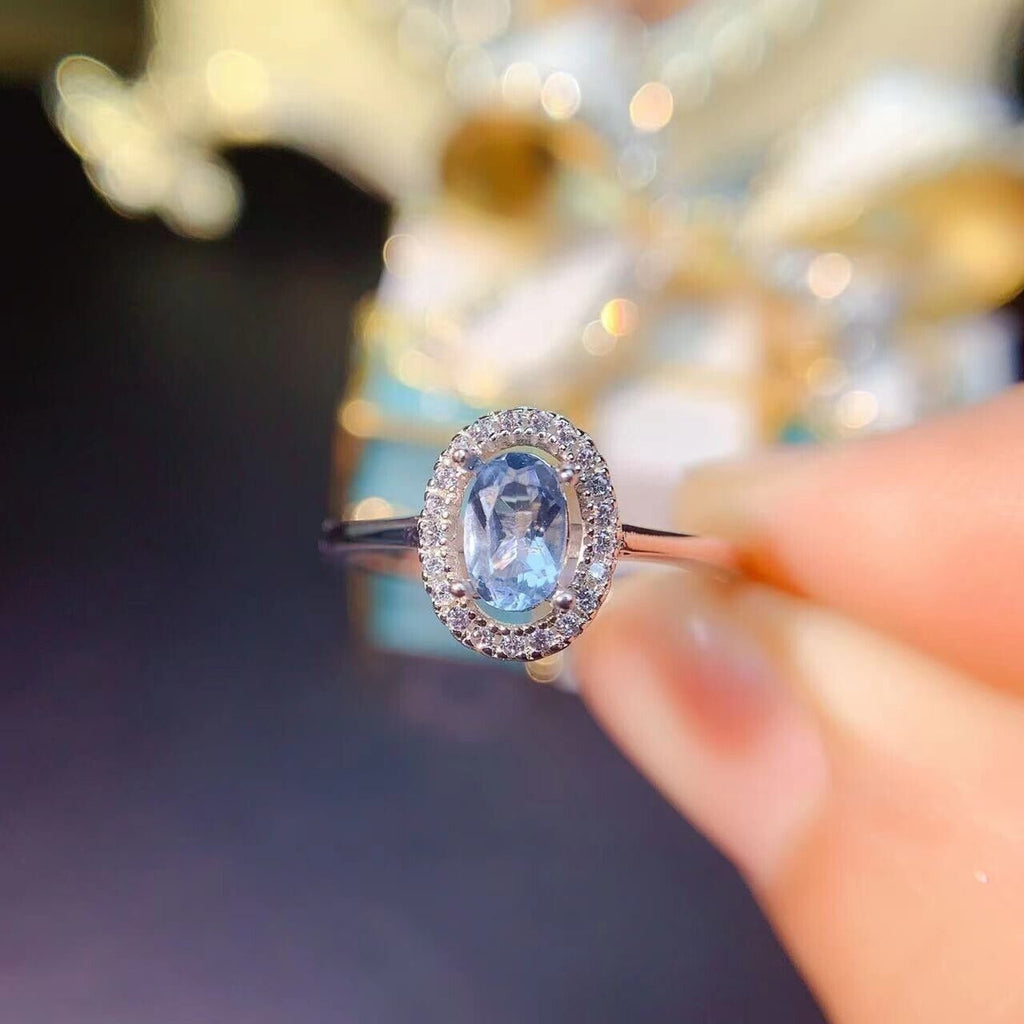 Aquamarine Cocktail Ring, Natural 4x6mm Oval Aquamarine Ring Sterling Silver