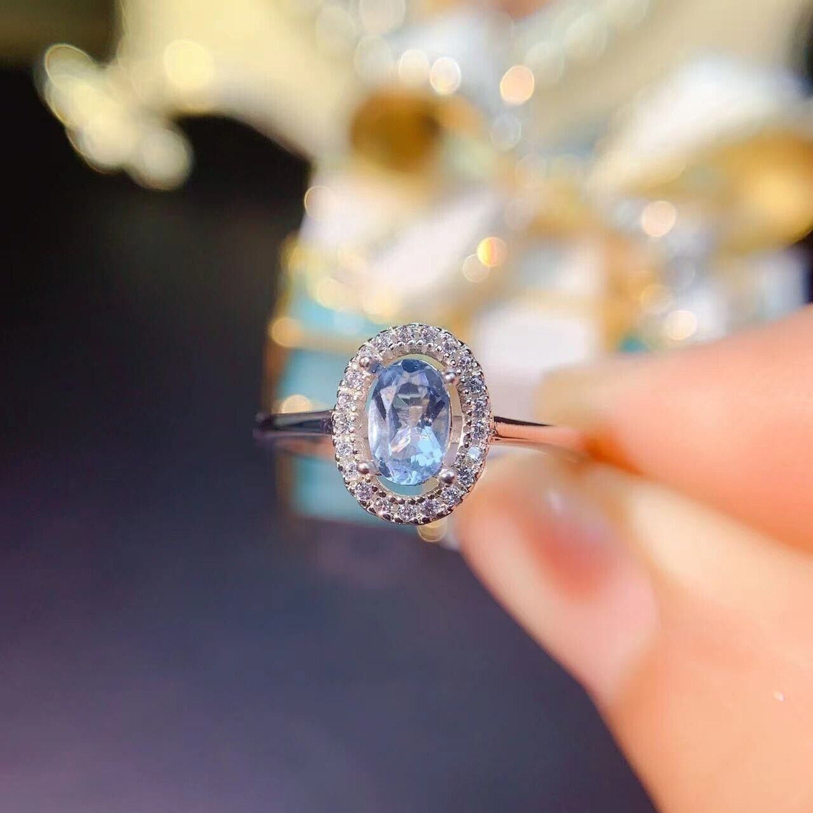 Aquamarine Cocktail Ring, Natural 4x6mm Oval Aquamarine Ring Sterling Silver