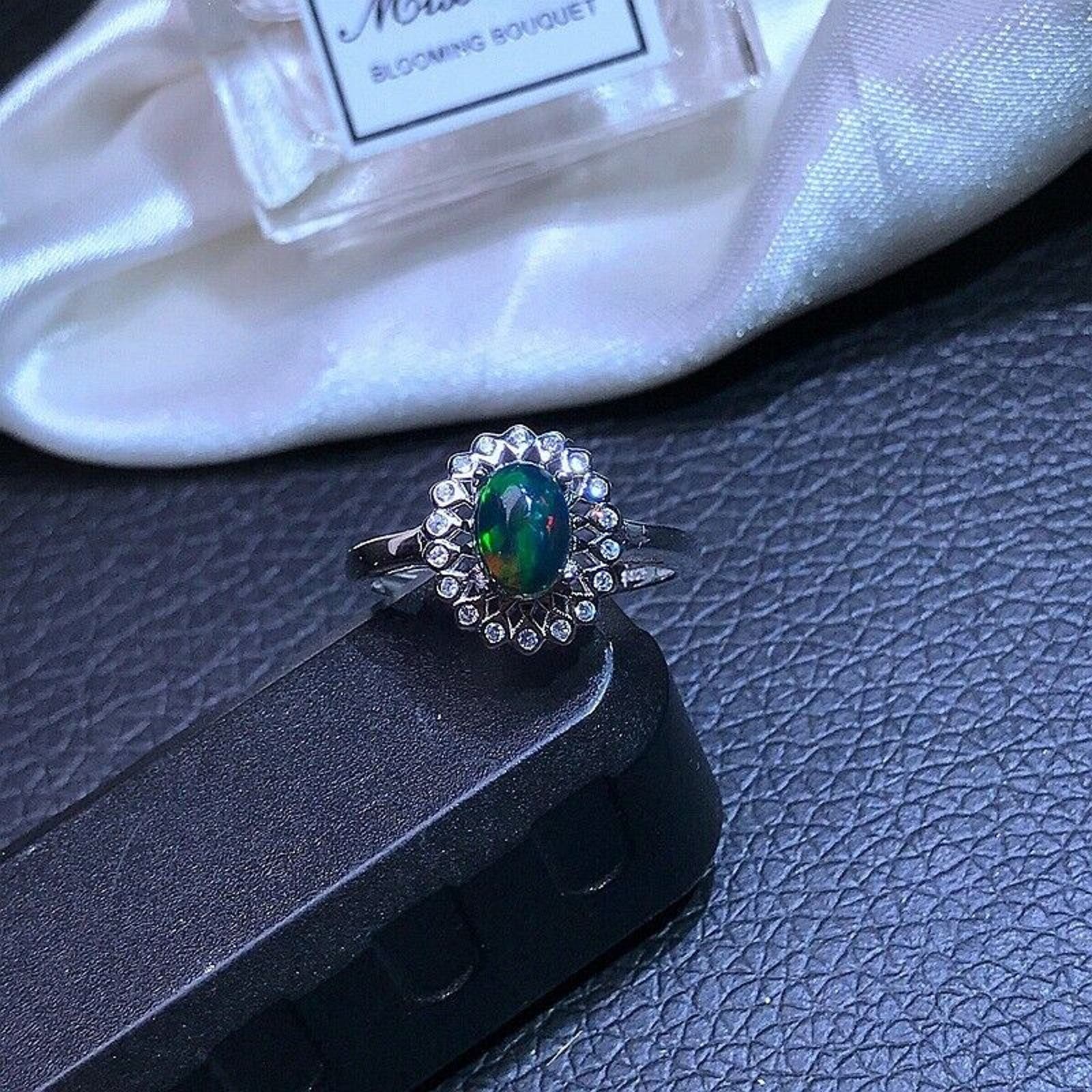 Vintage Black Opal Ring Platinum Plated, Natural Black Opal Ring Sterling Silver