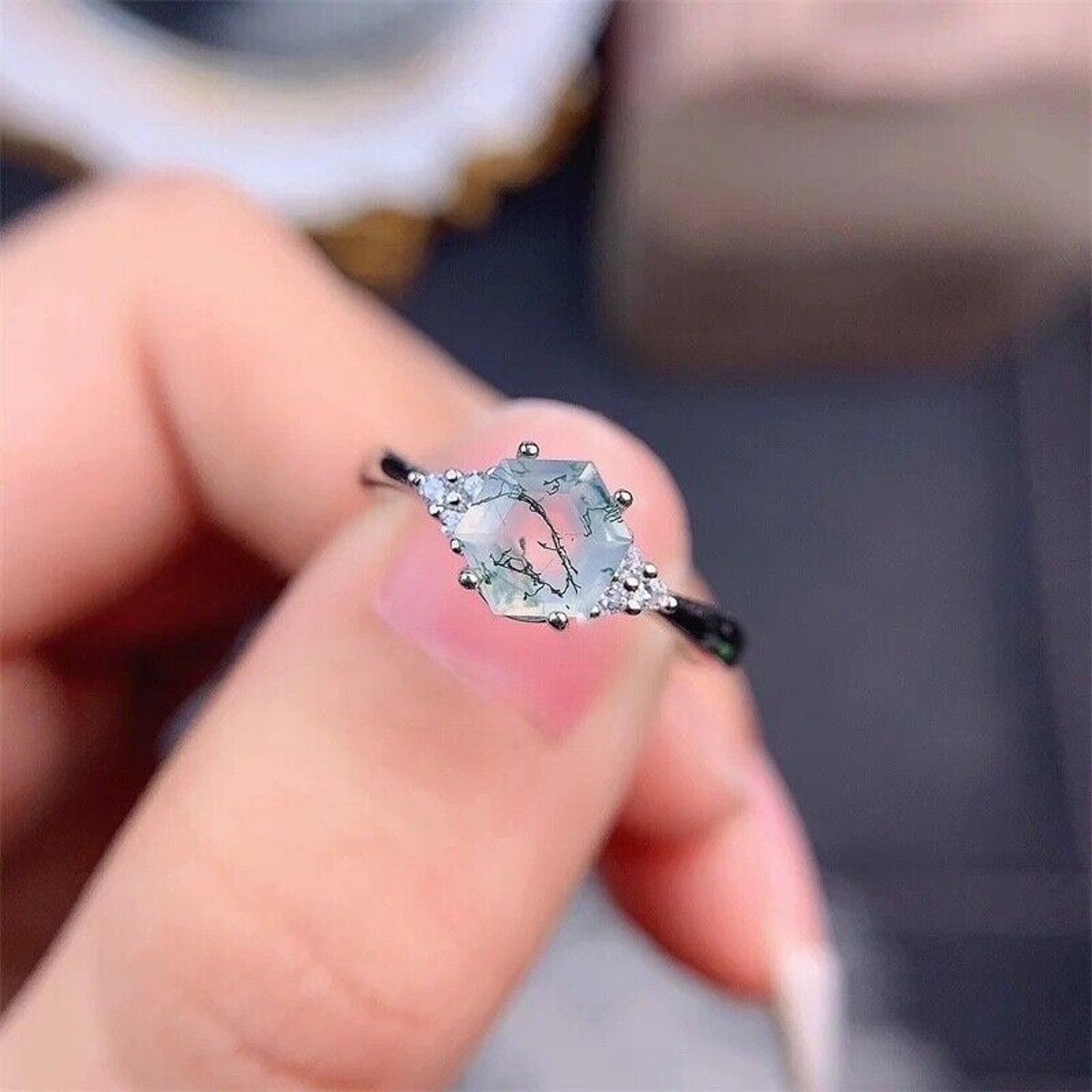 Natural Moss Agate Ring Hexagonal 6mm 925 Sterling Silver