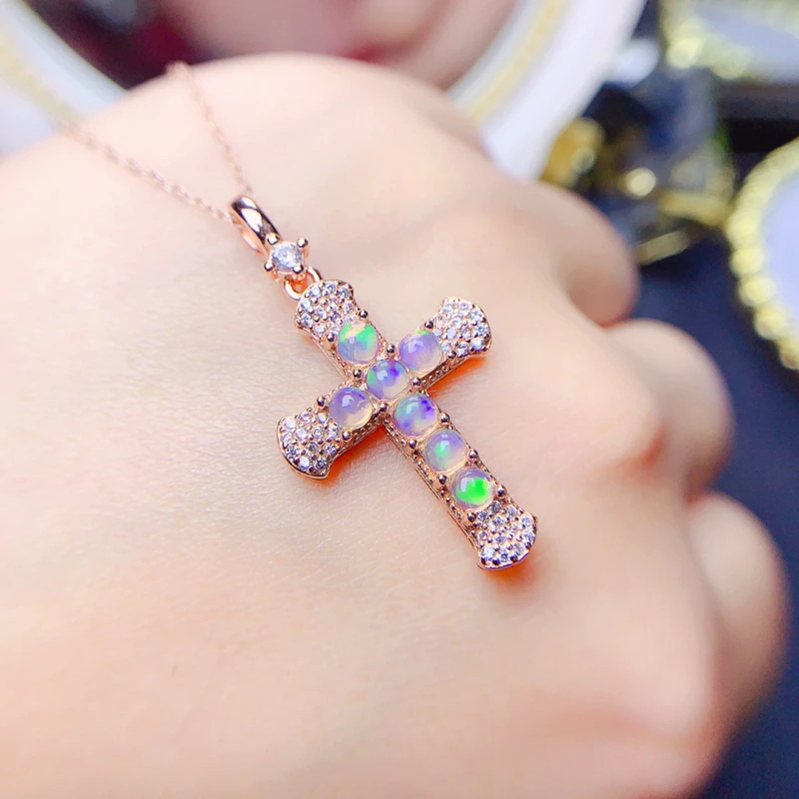 Australian Opal Cross Pendant Necklace, White Opal or Black Opal Cross Necklace