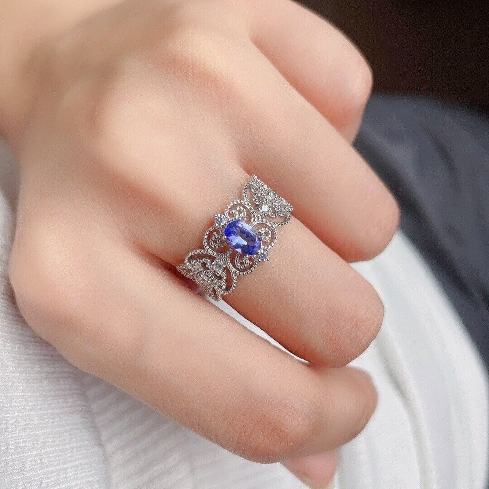 Purple Tanzanite Princess Ring, Women's Sterling Silver Tanzanite Ring 4x6mm