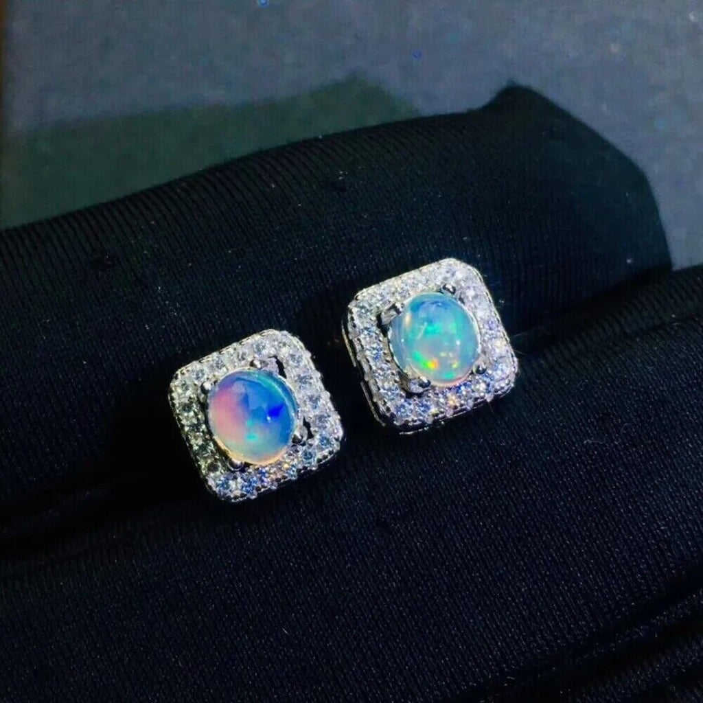 Stud Earrings Opal, Opal Gemstone Silver, Natural Opal Earrings 925 Sterling