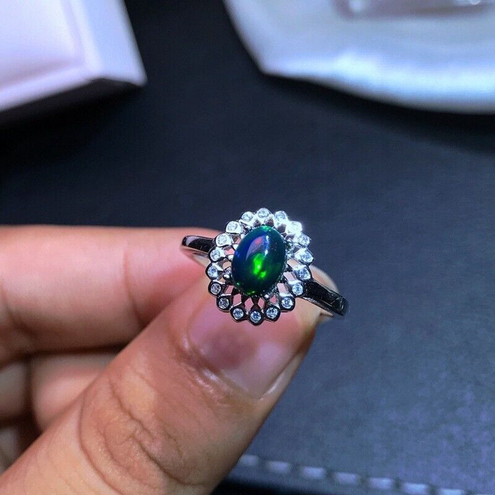 Vintage Black Opal Ring Platinum Plated, Natural Black Opal Ring Sterling Silver
