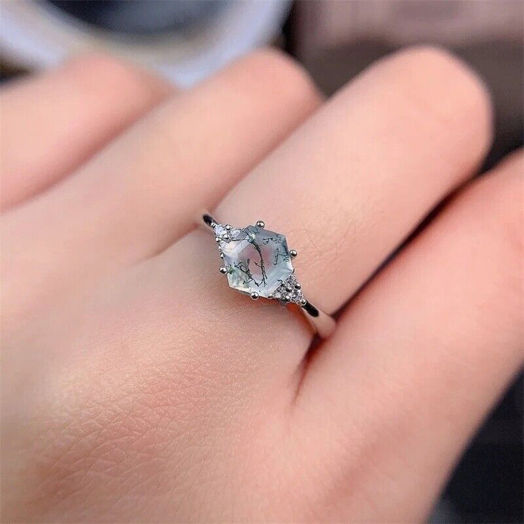 Natural Moss Agate Ring Hexagonal 6mm 925 Sterling Silver