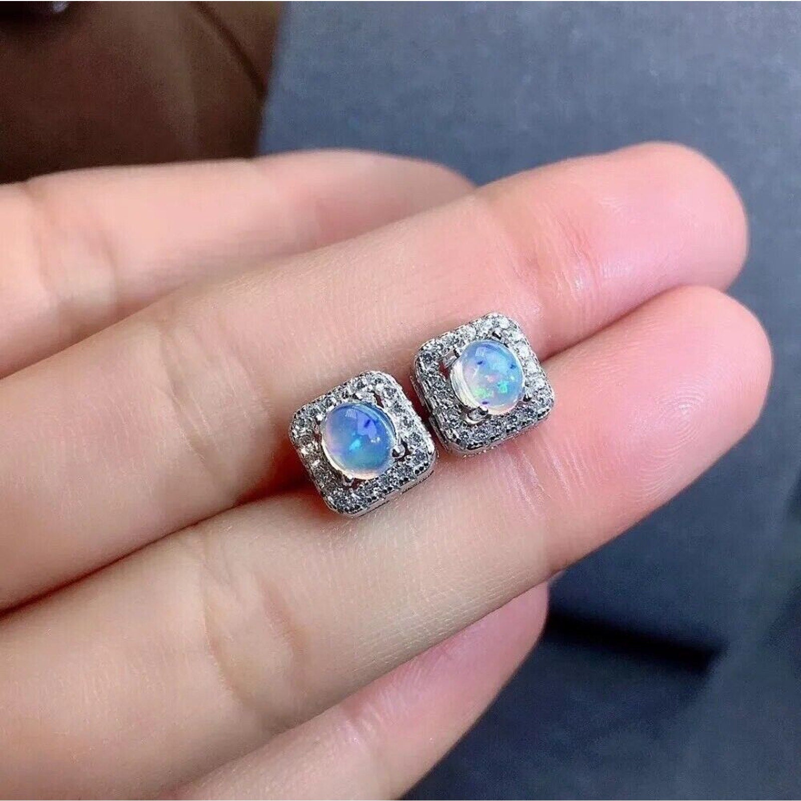 Stud Earrings Opal, Opal Gemstone Silver, Natural Opal Earrings 925 Sterling