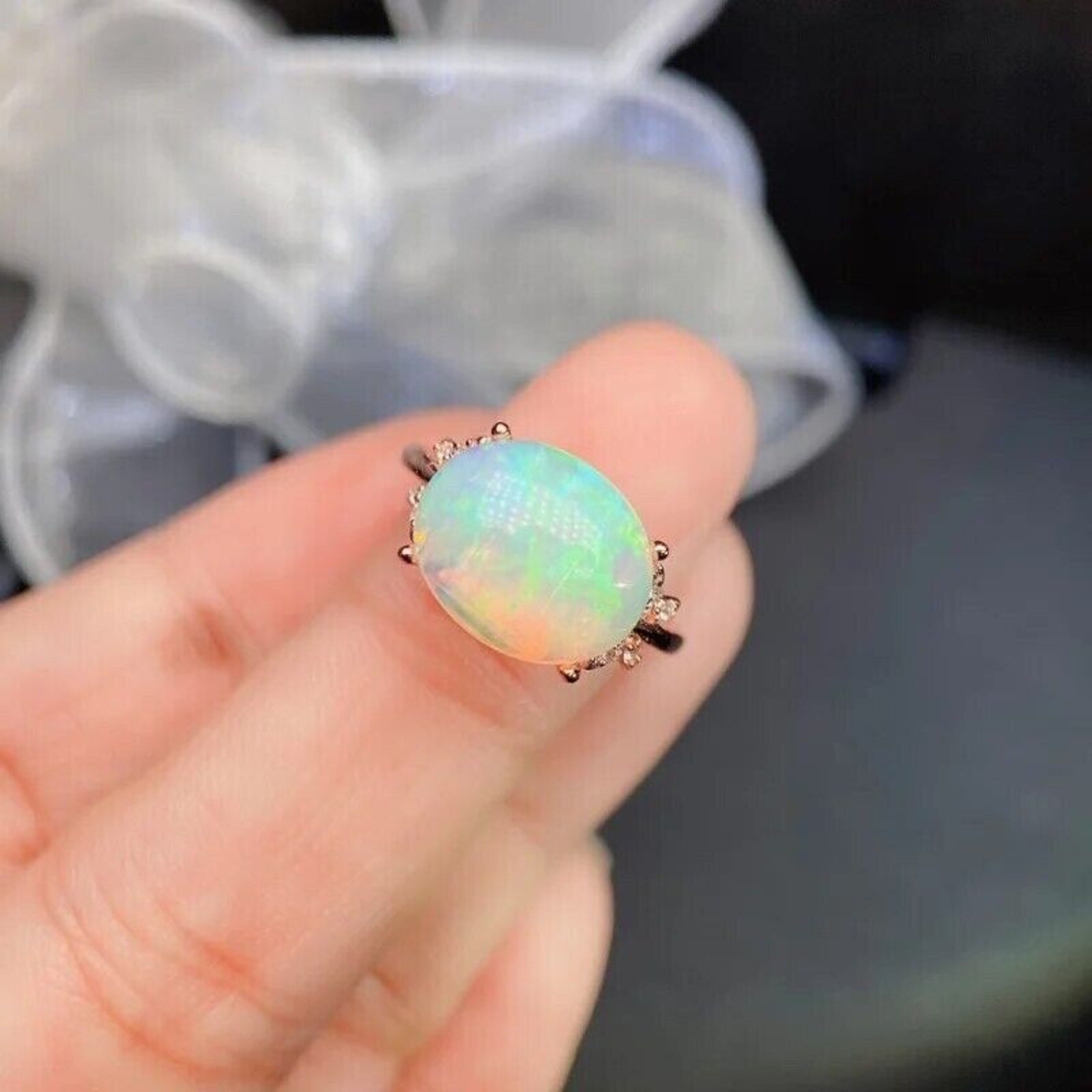 White Fire Opal, White Opal Ring, Gemstone Jewelry Ring, Womens Fire Opal 9x11mm