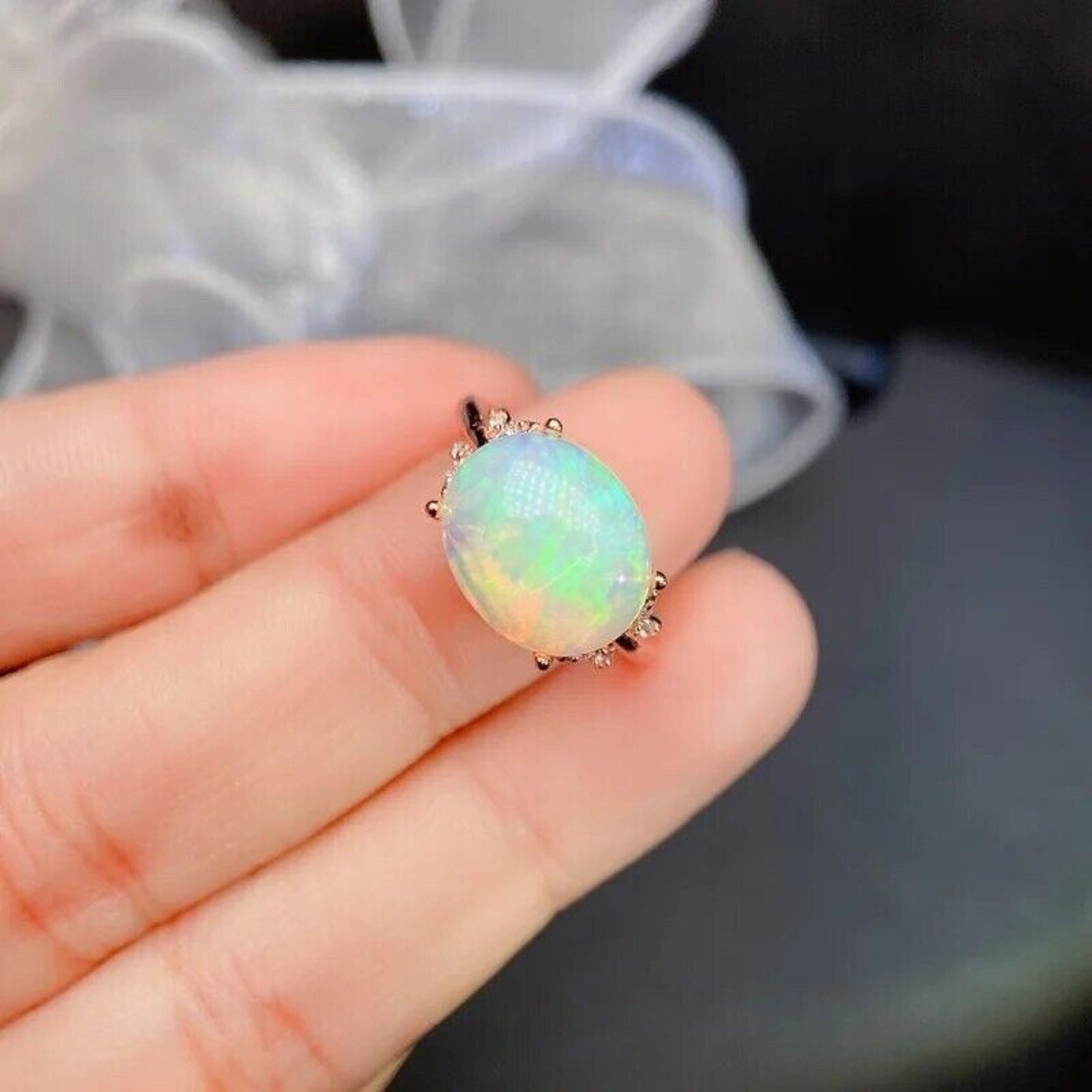 White Fire Opal, White Opal Ring, Gemstone Jewelry Ring, Womens Fire Opal 9x11mm