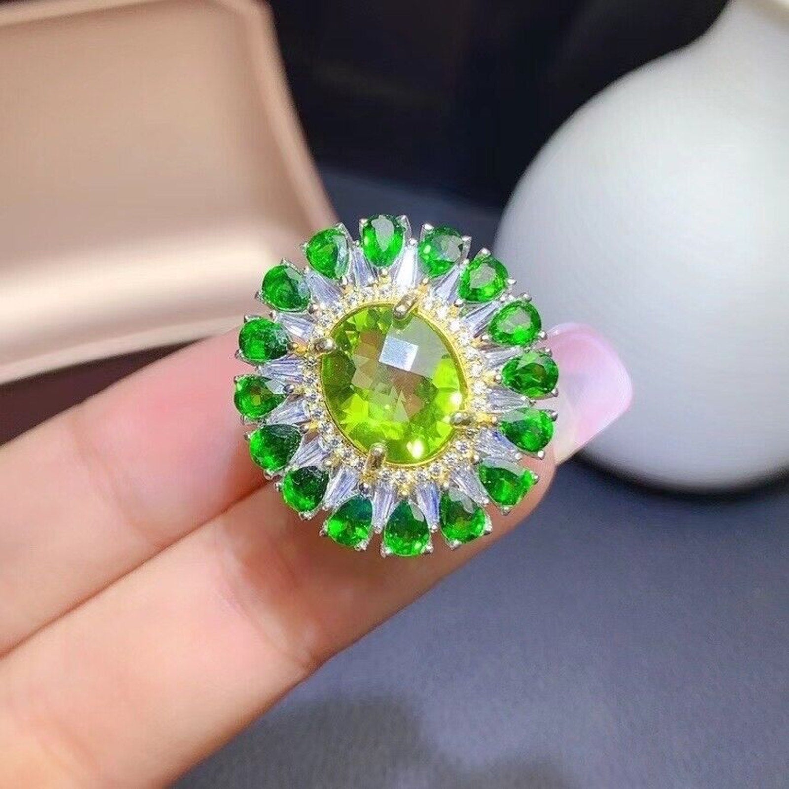 Oval Cut Peridot and Chrome Diopside Statement Ring, Chrome Diopside and Peridot