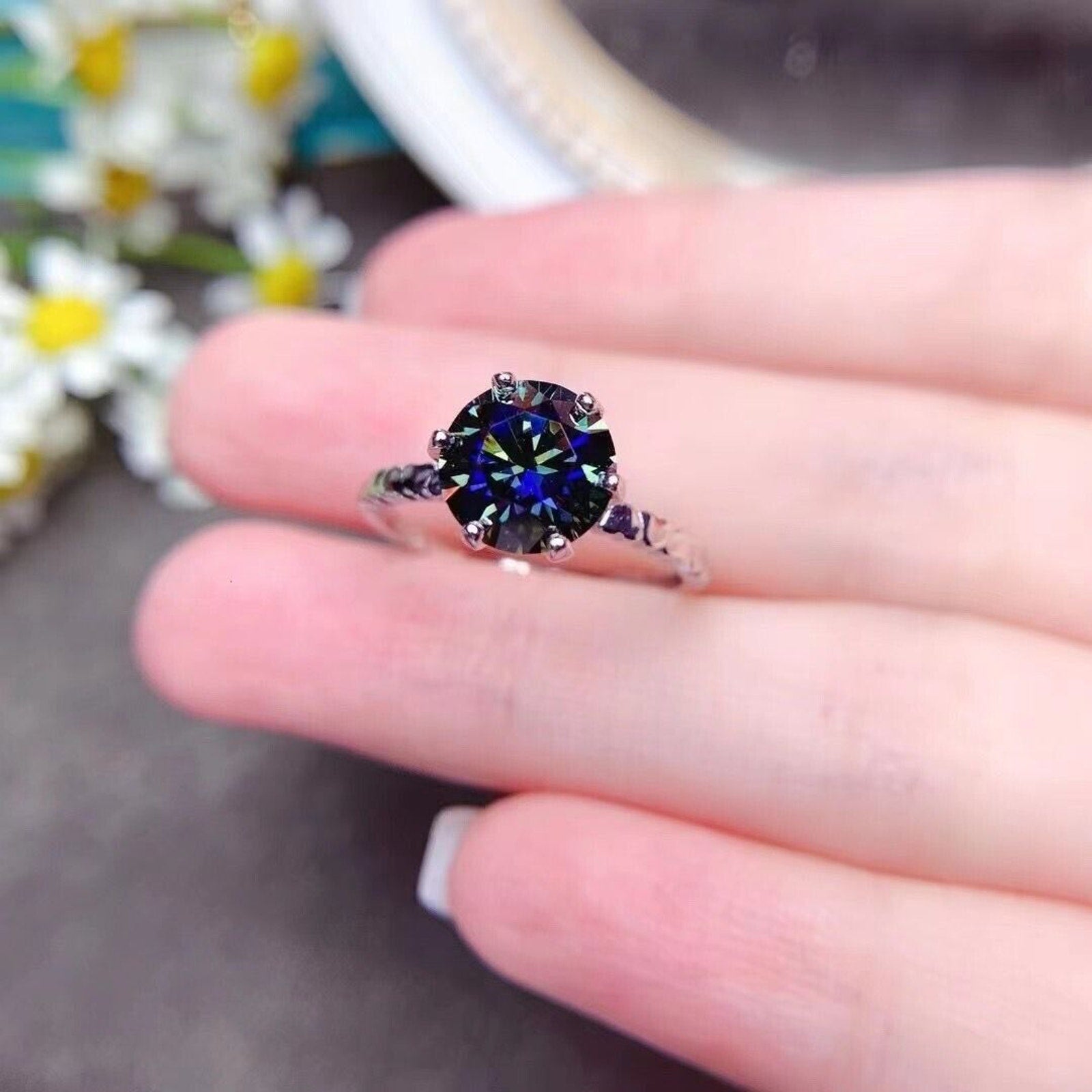 VVS1 2 CT Round Brilliant Cut Dark Blue Moissanite Ring