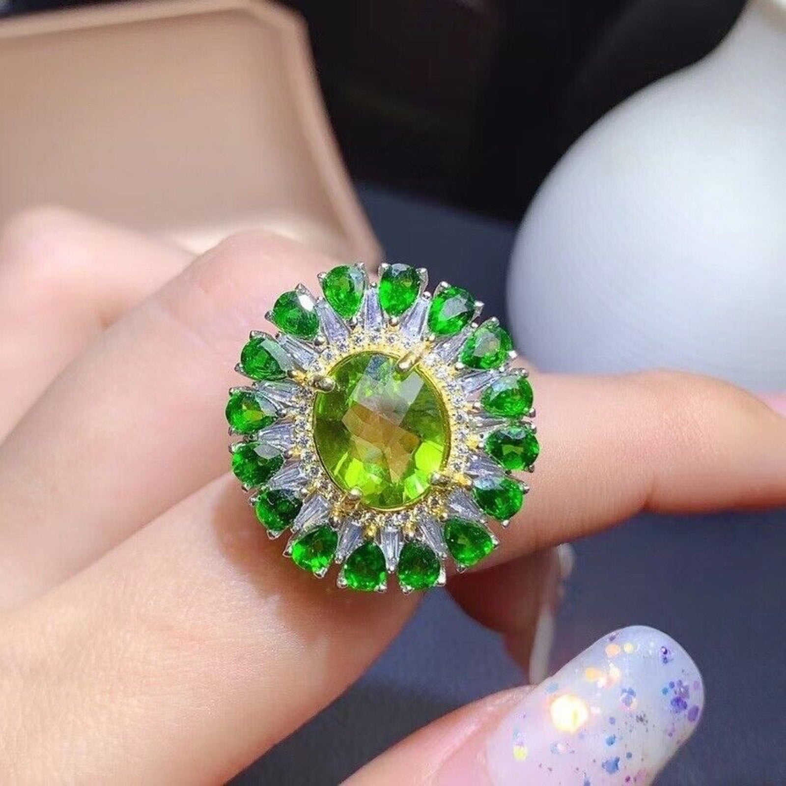 Oval Cut Peridot and Chrome Diopside Statement Ring, Chrome Diopside and Peridot