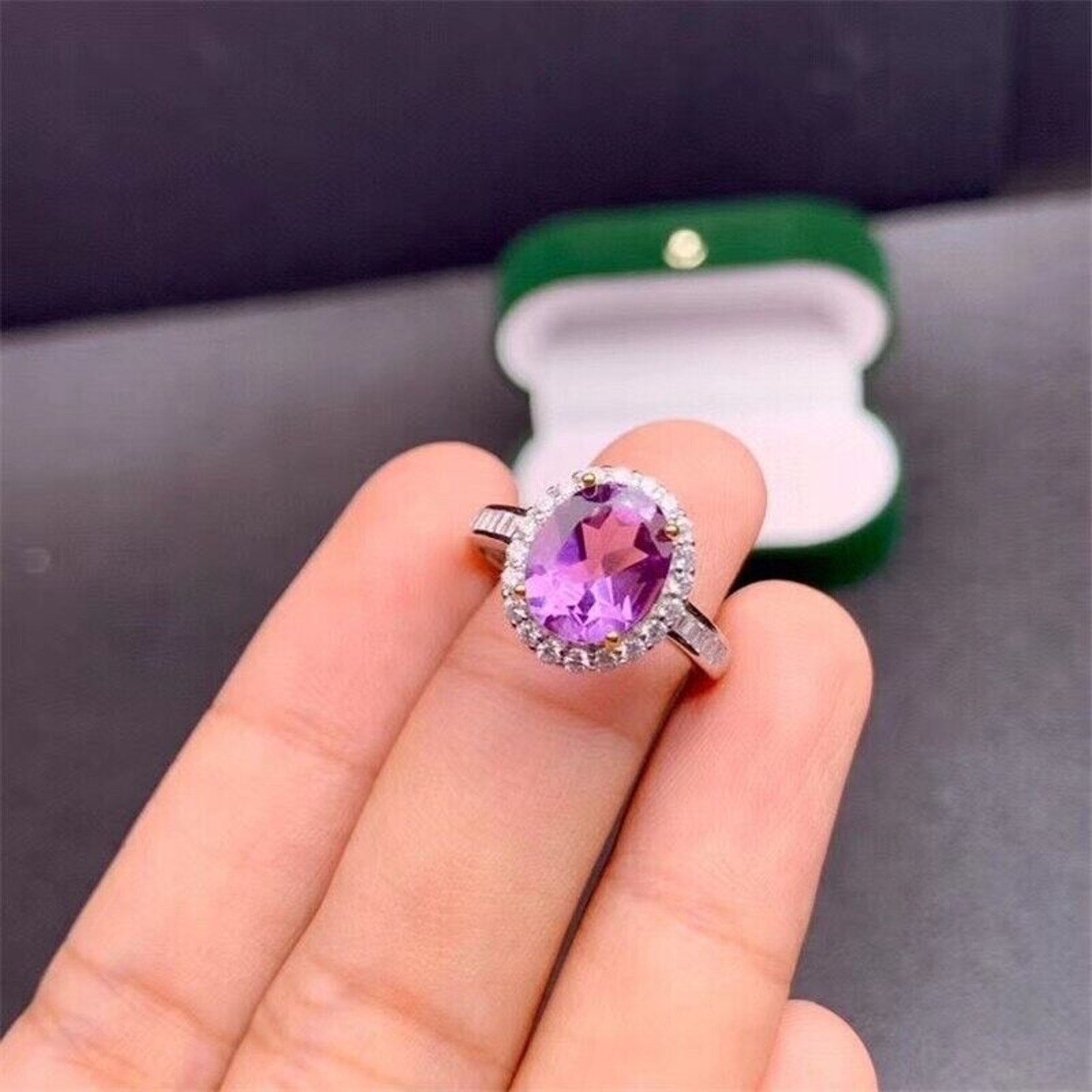 Natural Amethyst Pendant and Ring Jewelry Set, Oval Cut Ring and Pendant Set