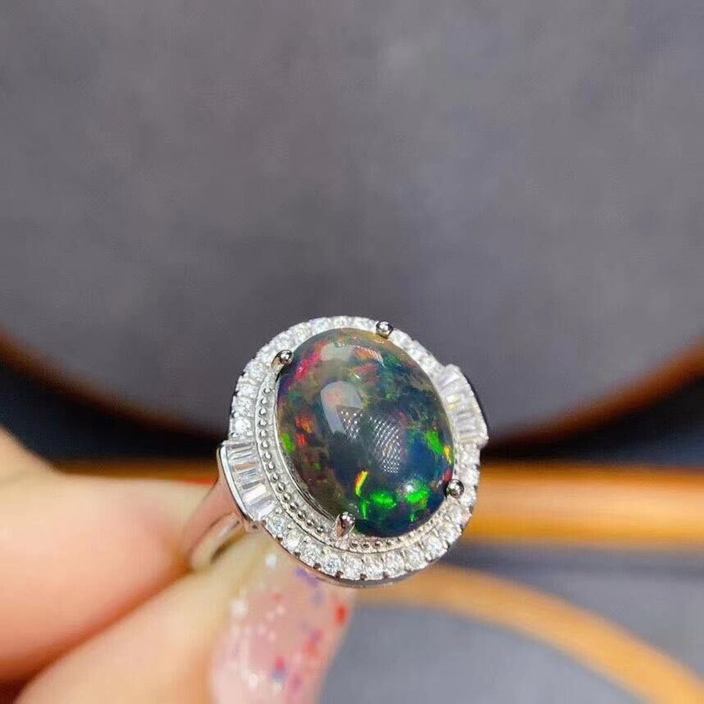 Black Opal Statement Ring 10x12mm Sterling Silver