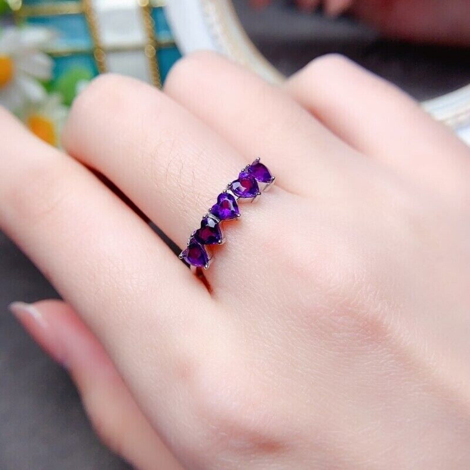 Heart Shaped Amethyst Band Ring, Natural Amethyst Heart Shaped Eternity Ring