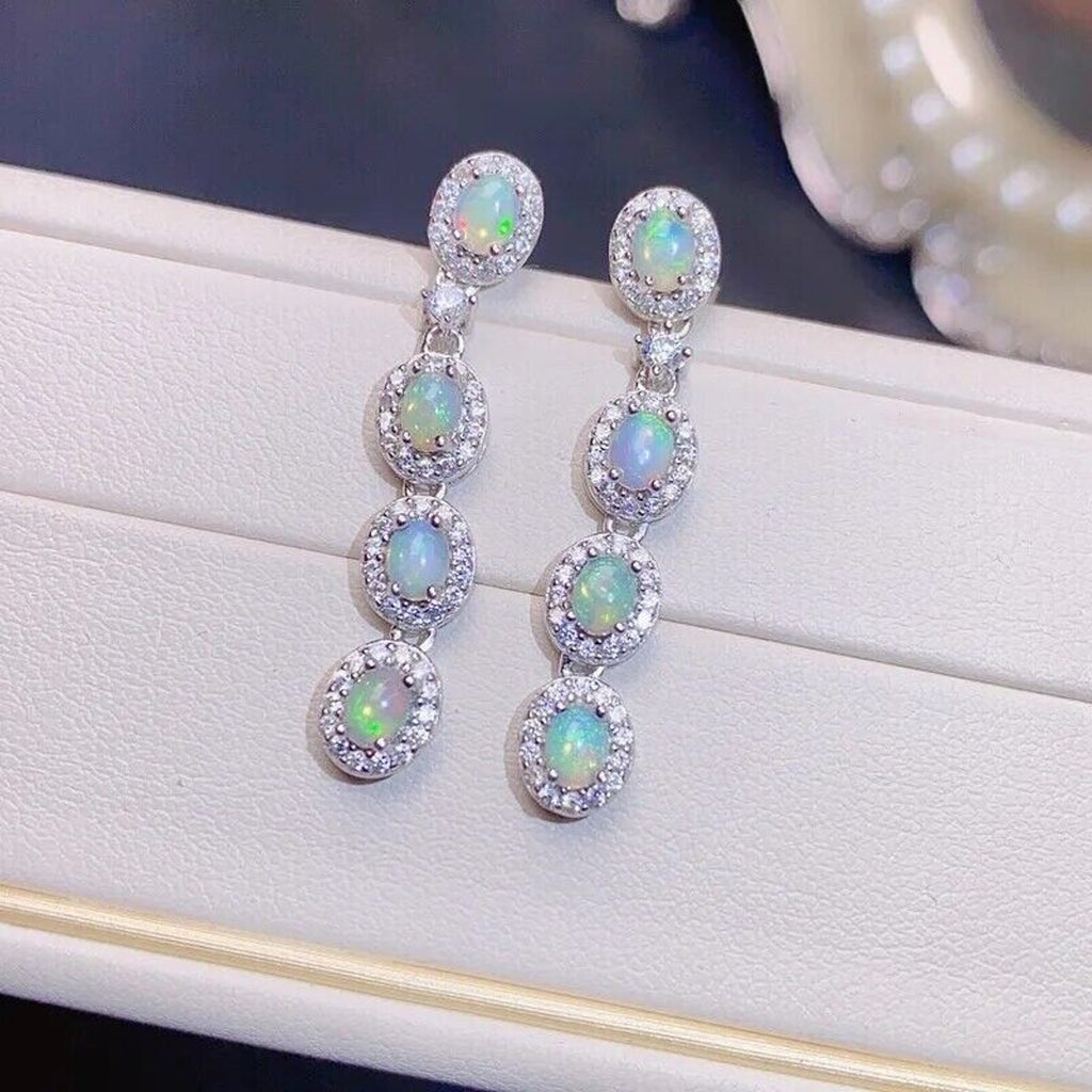 Australian White Opal Dangle Earrings 4x6mm 925 Sterling Silver