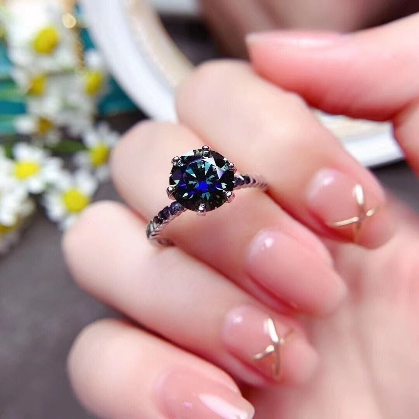 VVS1 2 CT Round Brilliant Cut Dark Blue Moissanite Ring