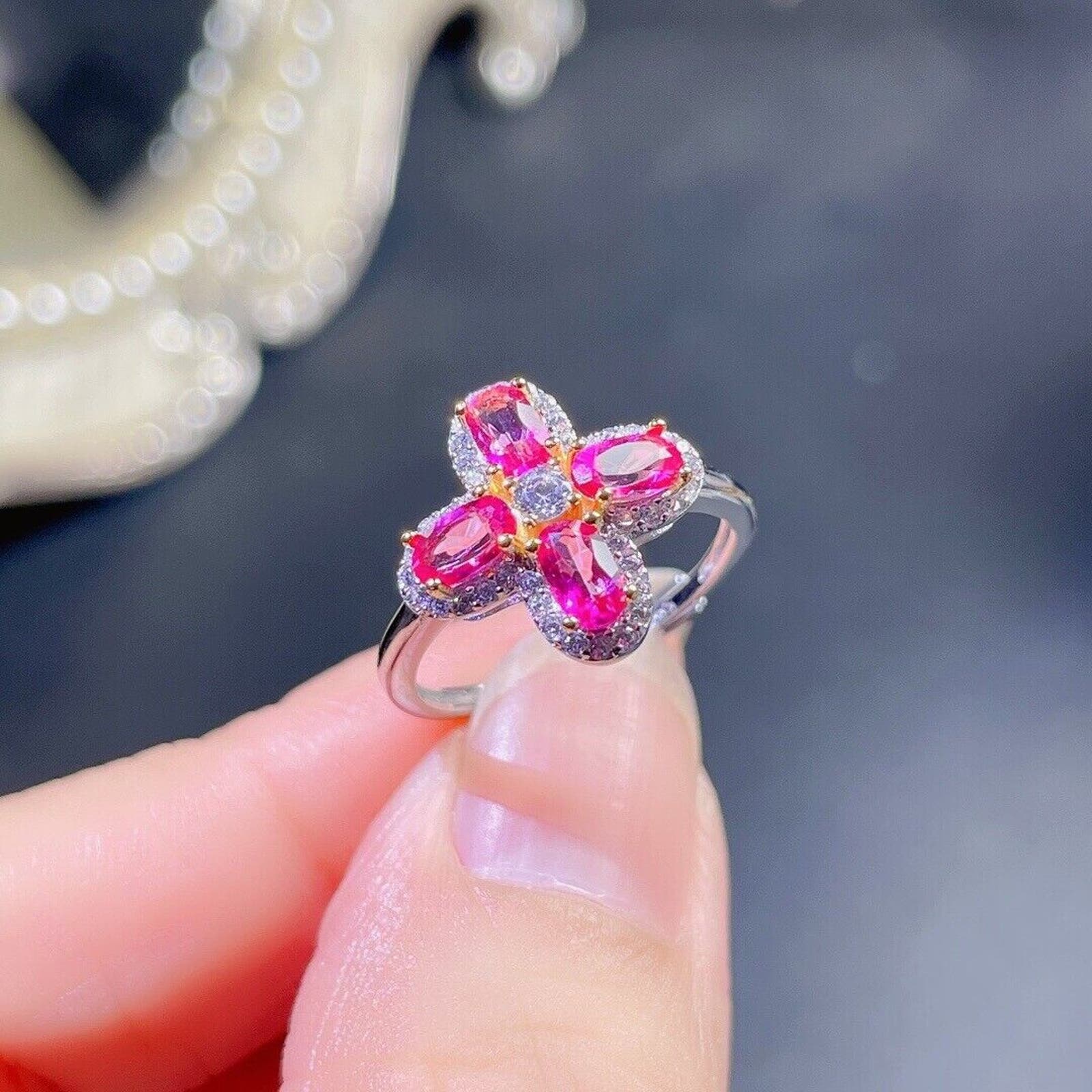 Natural Pink Topaz Floral Ring Sterling Silver 3x5mm Cocktail Ring, Pink Topaz