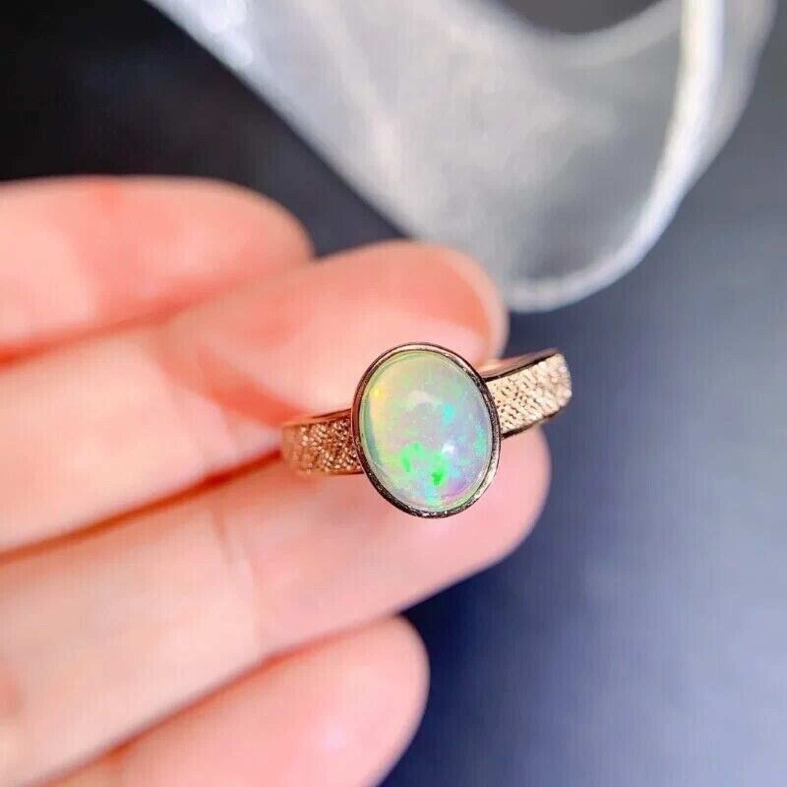 White Fire Opal, White Opal Ring, Gemstone Jewelry Ring, Womens Fire Opal 7x9mm