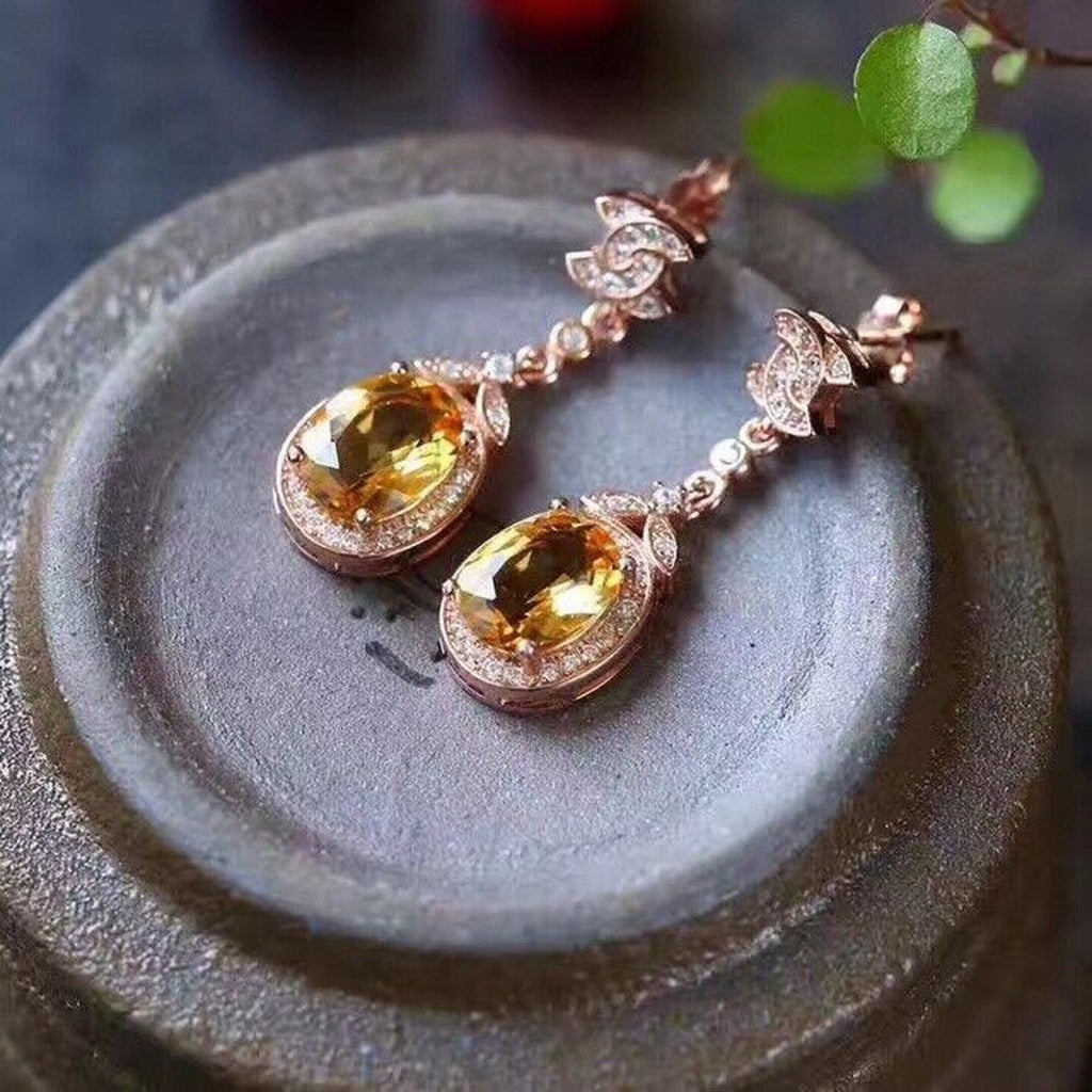 Natural 6x8mm Citrine Gemstone Earrings, Rose Gold Plated Silver Citrine Earring