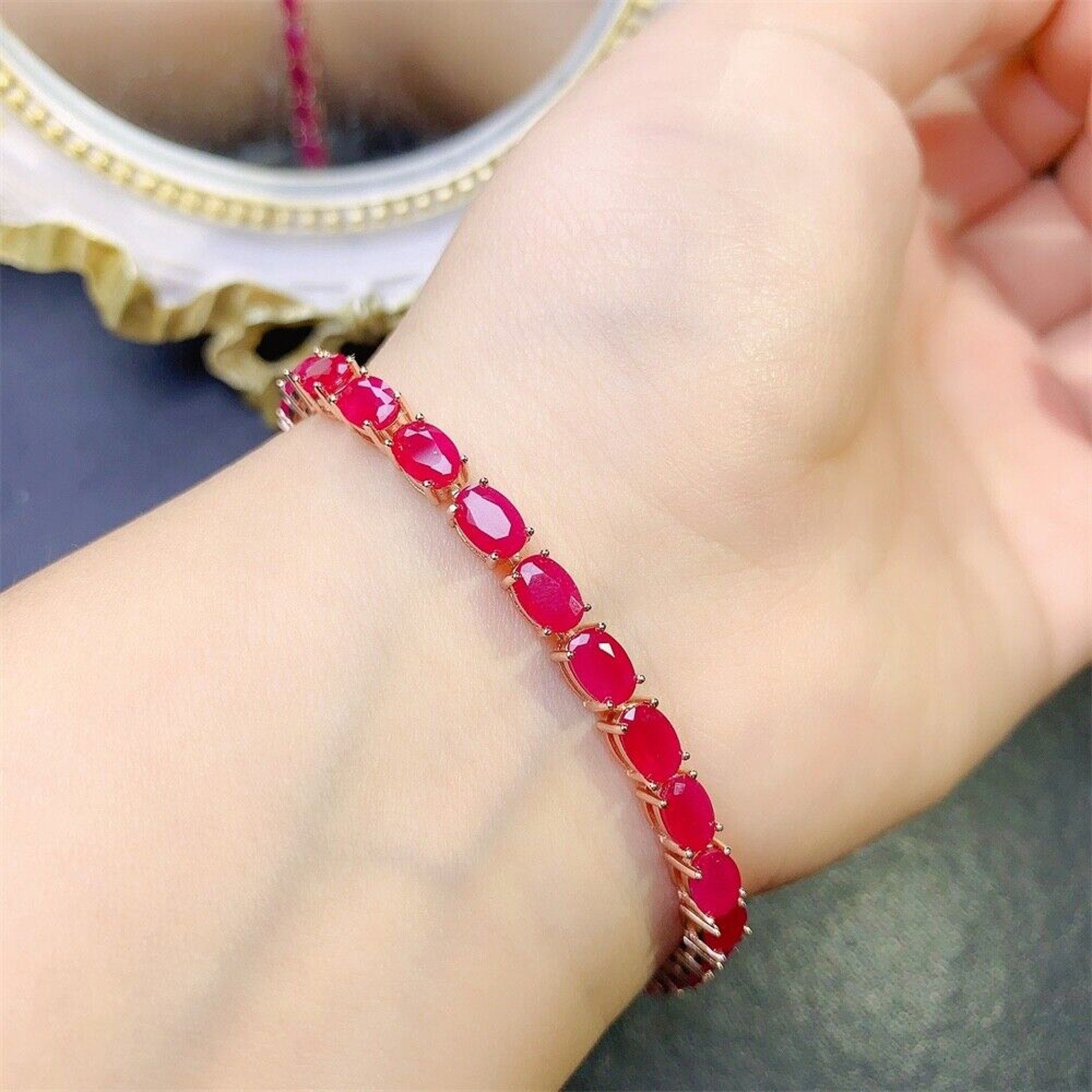 12 Carat Bright Opaque Pink Burma Ruby Bracelet, 925 Sterling Silver Ruby