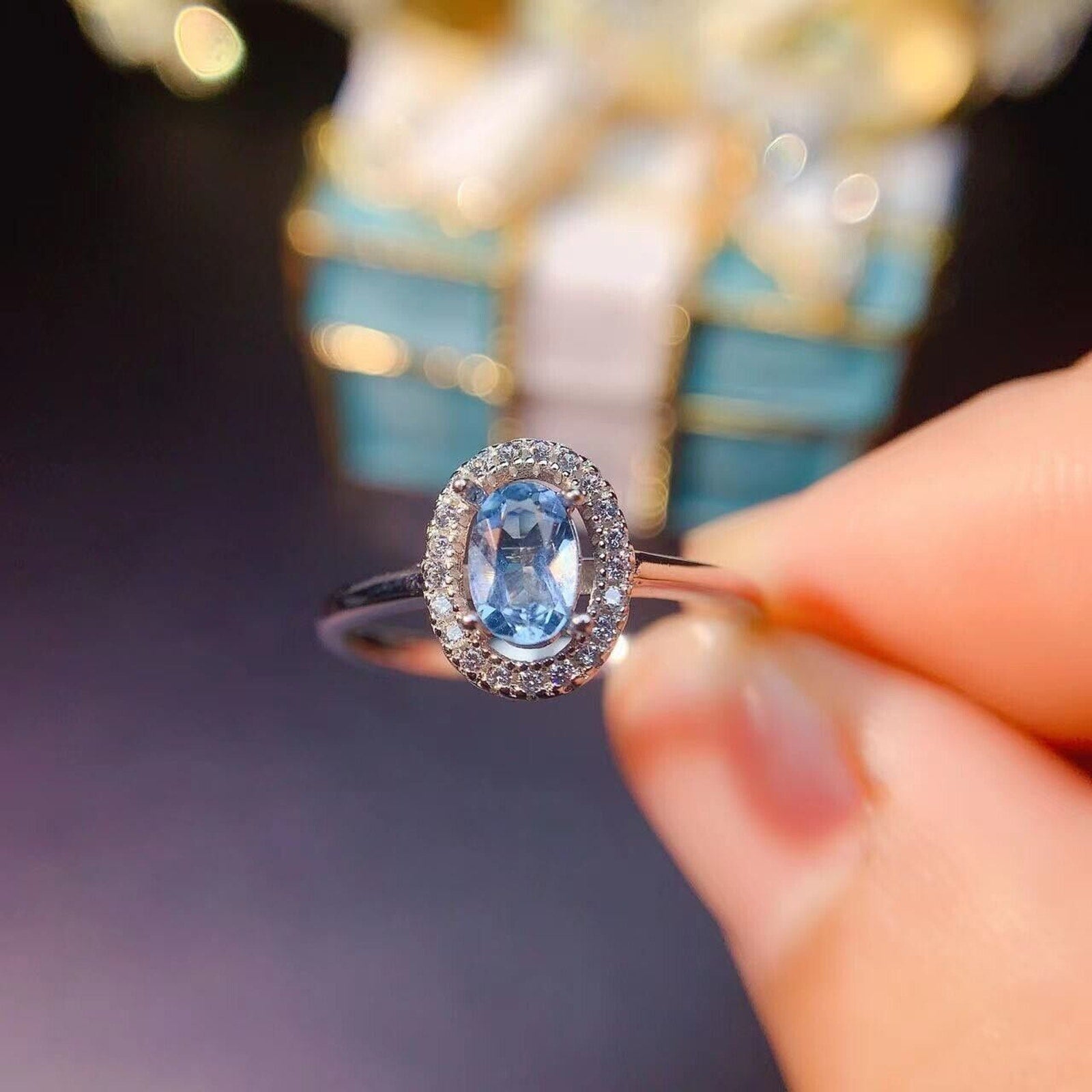 Aquamarine Cocktail Ring, Natural 4x6mm Oval Aquamarine Ring Sterling Silver