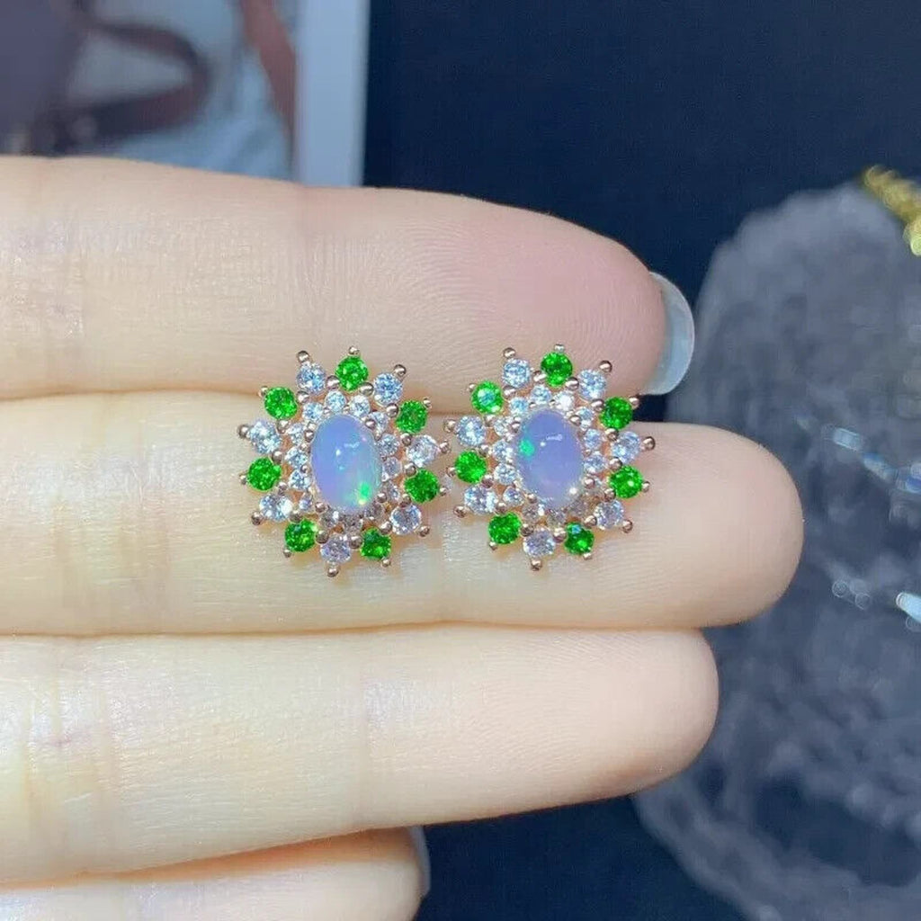 White Opal and Chrome Diopside Stud Earrings, Fire Opal and Diopside Earrings