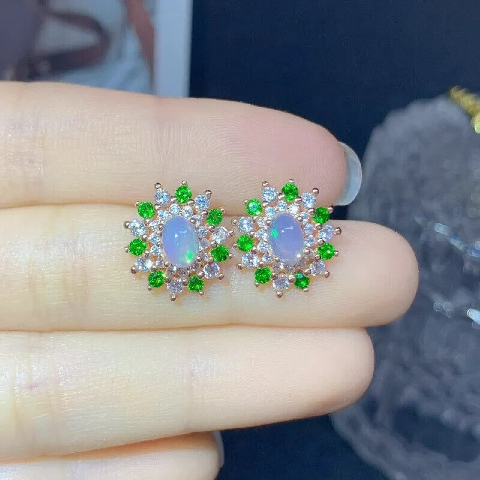 White Opal and Chrome Diopside Stud Earrings, Fire Opal and Diopside Earrings