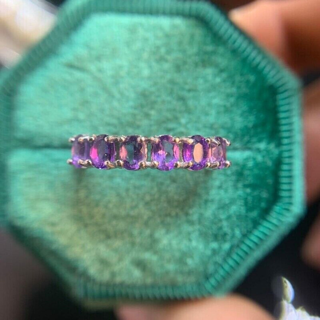 Natural Amethyst Half Eternity Ring, 3x4mm Amethyst Band Ring Sterling Silver