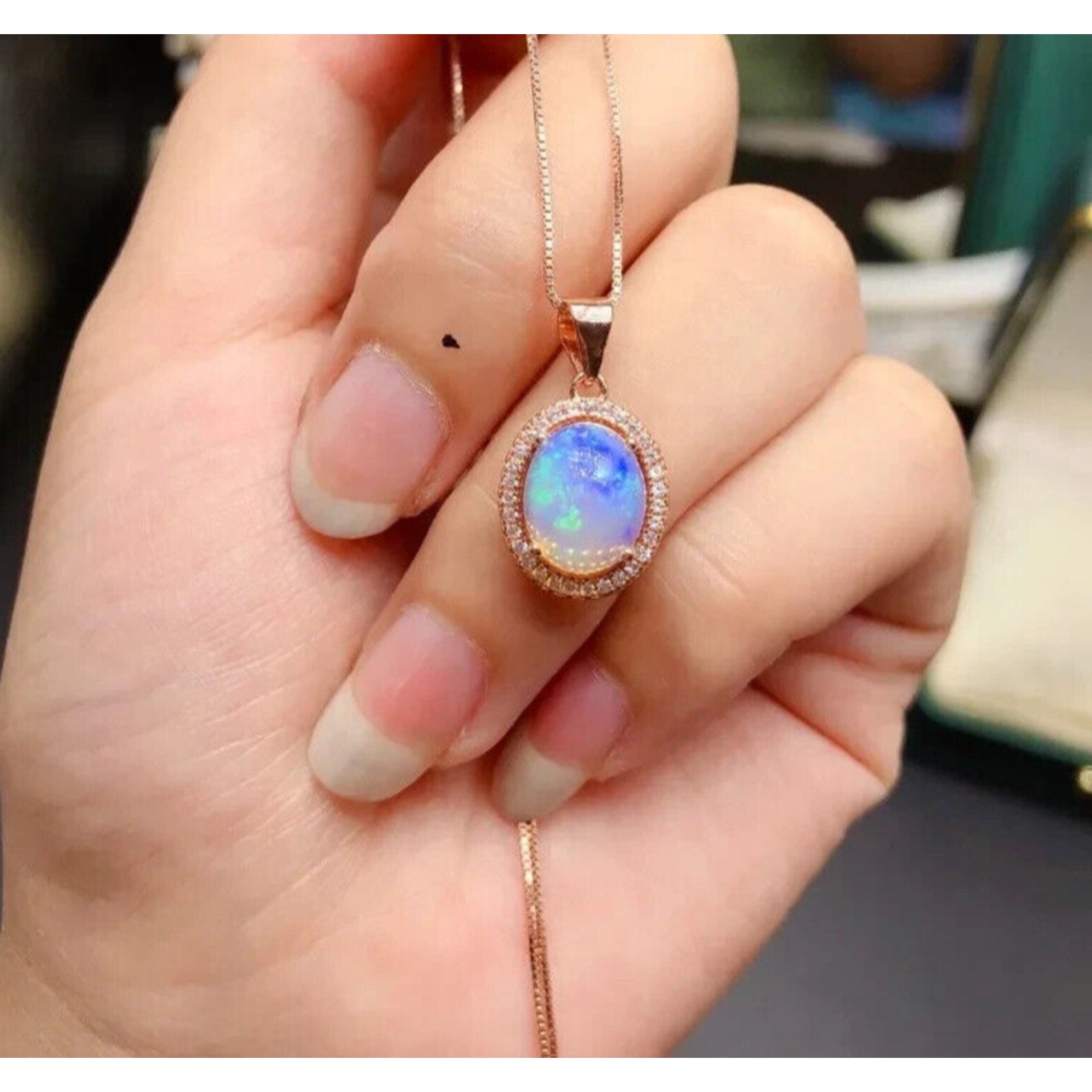 Opal Pendant Necklace, Women's Fire Opal Necklace, Australian White Opal 8x10mm