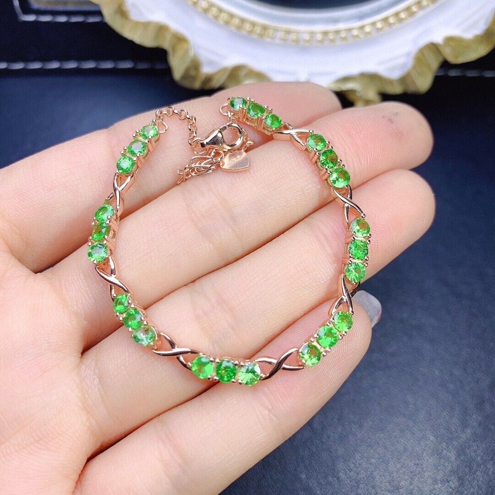 Natural Bright Green Tsavorite Bracelet, Tsavorite Gemstone Bracelet Platinum