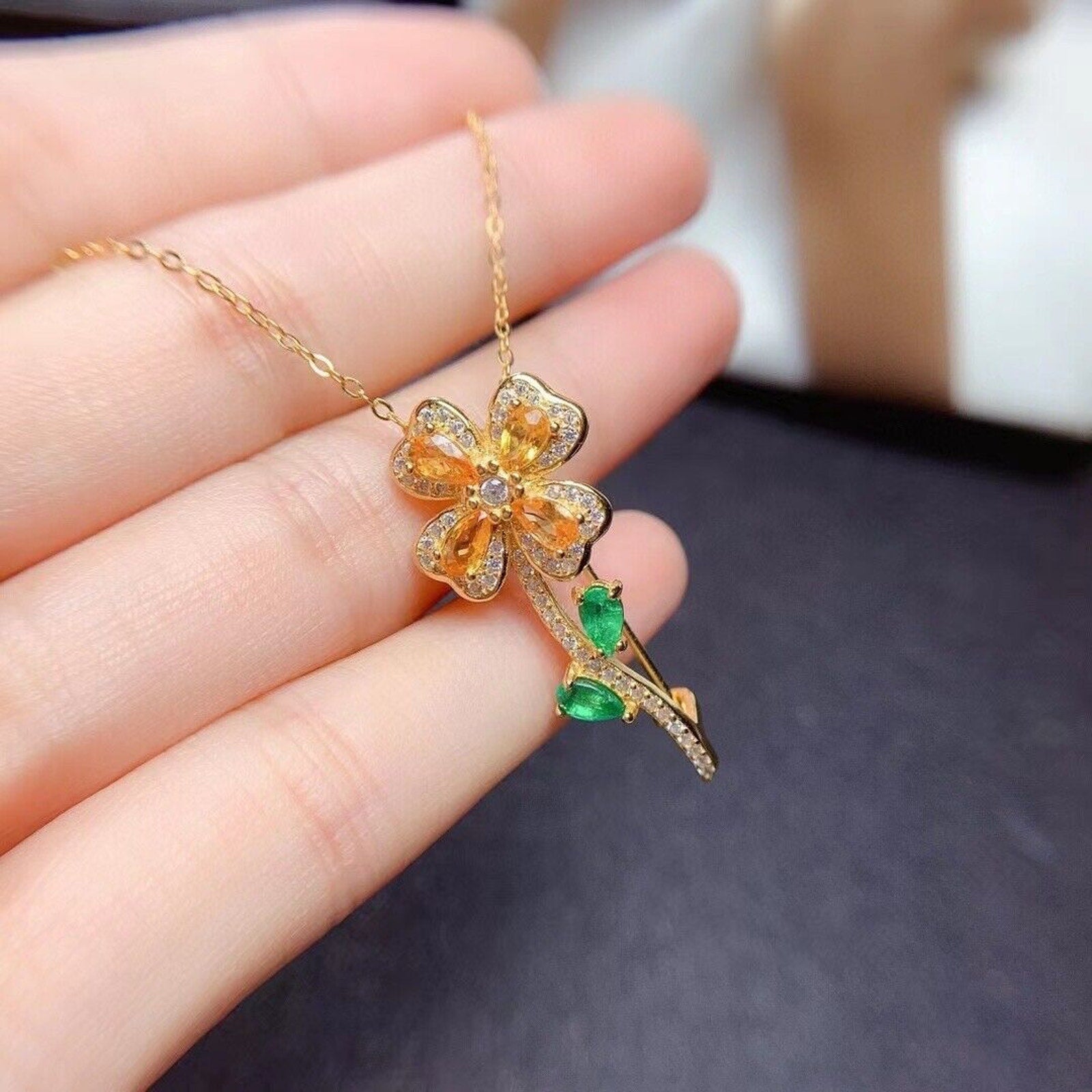Citrine and Emerald Floral Brooch Pin, Women's Citrine Emerald Floral Pendant