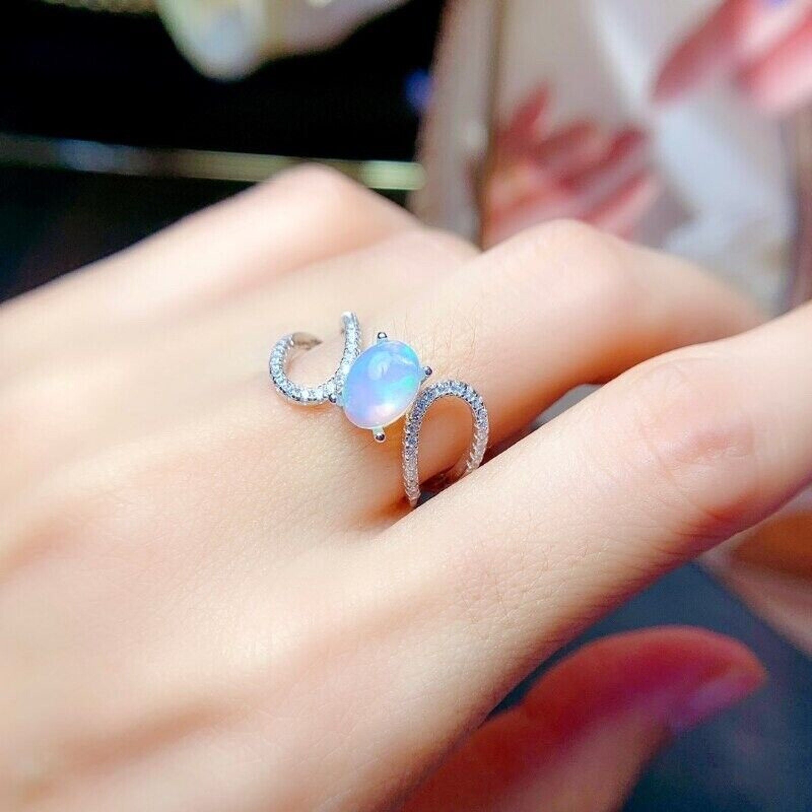 Australian Opal Statement Ring 6x8mm 925 Sterling Sterling Silver