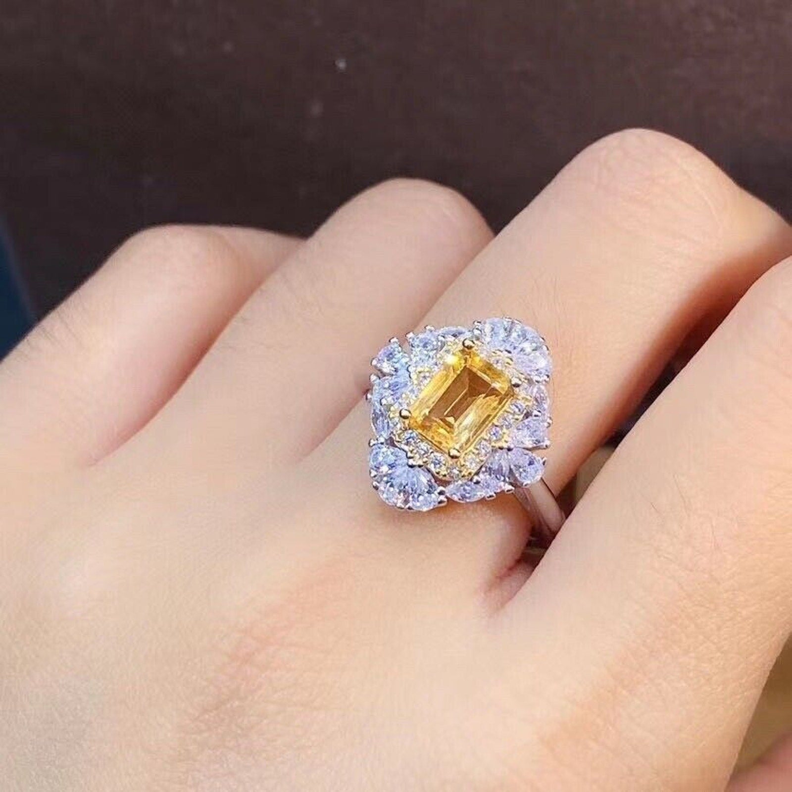 Emerald Cut Natural Citrine Gemstone Ring, Natural Citrine Ring with Zirconia