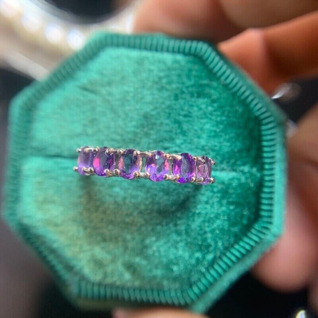 Natural Amethyst Half Eternity Ring, 3x4mm Amethyst Band Ring Sterling Silver