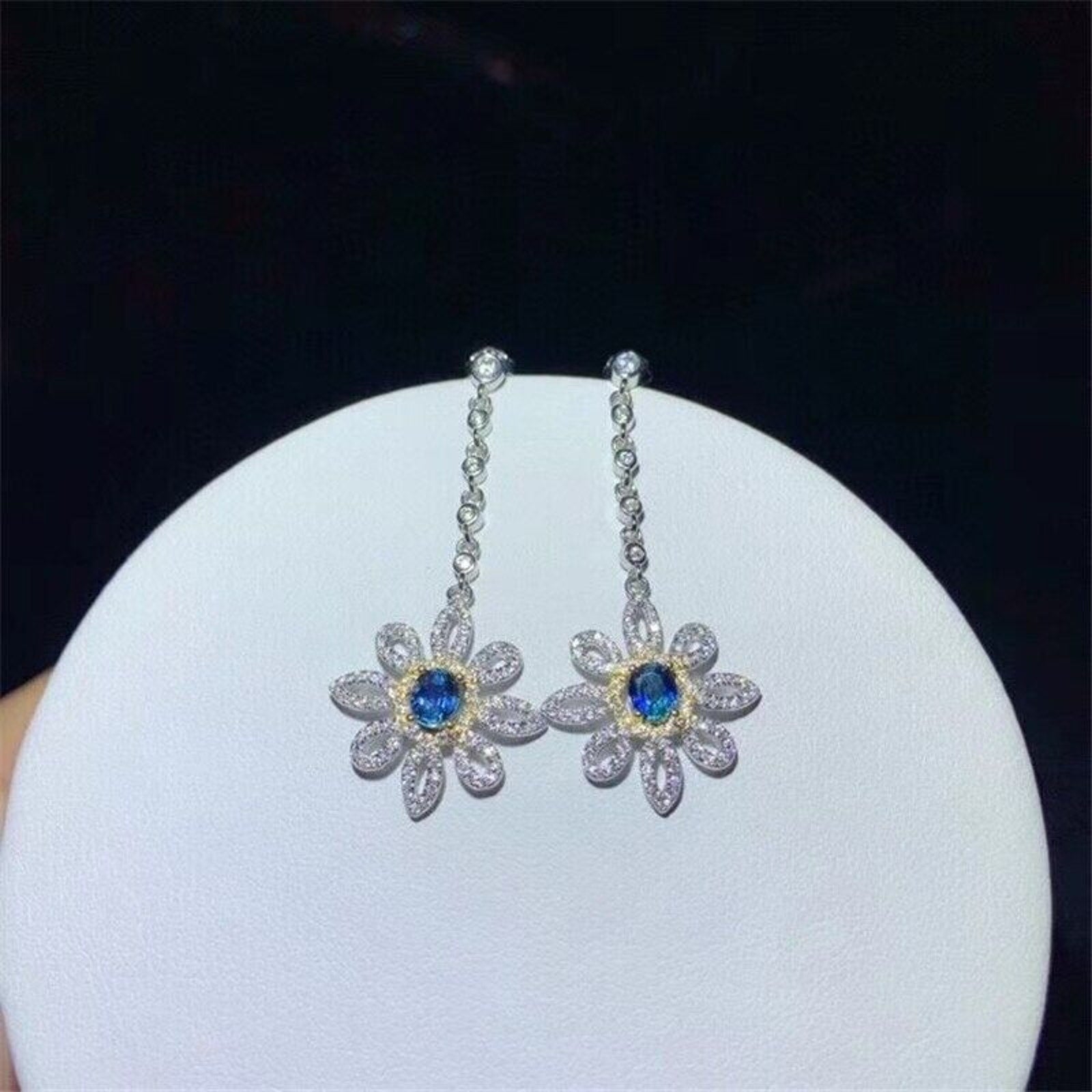 Blue Sapphire Long Dangle Flower Earrings, VVS Grade Blue Sapphire Earrings