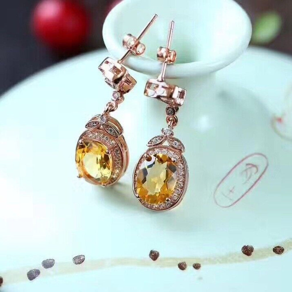 Natural 6x8mm Citrine Gemstone Earrings, Rose Gold Plated Silver Citrine Earring