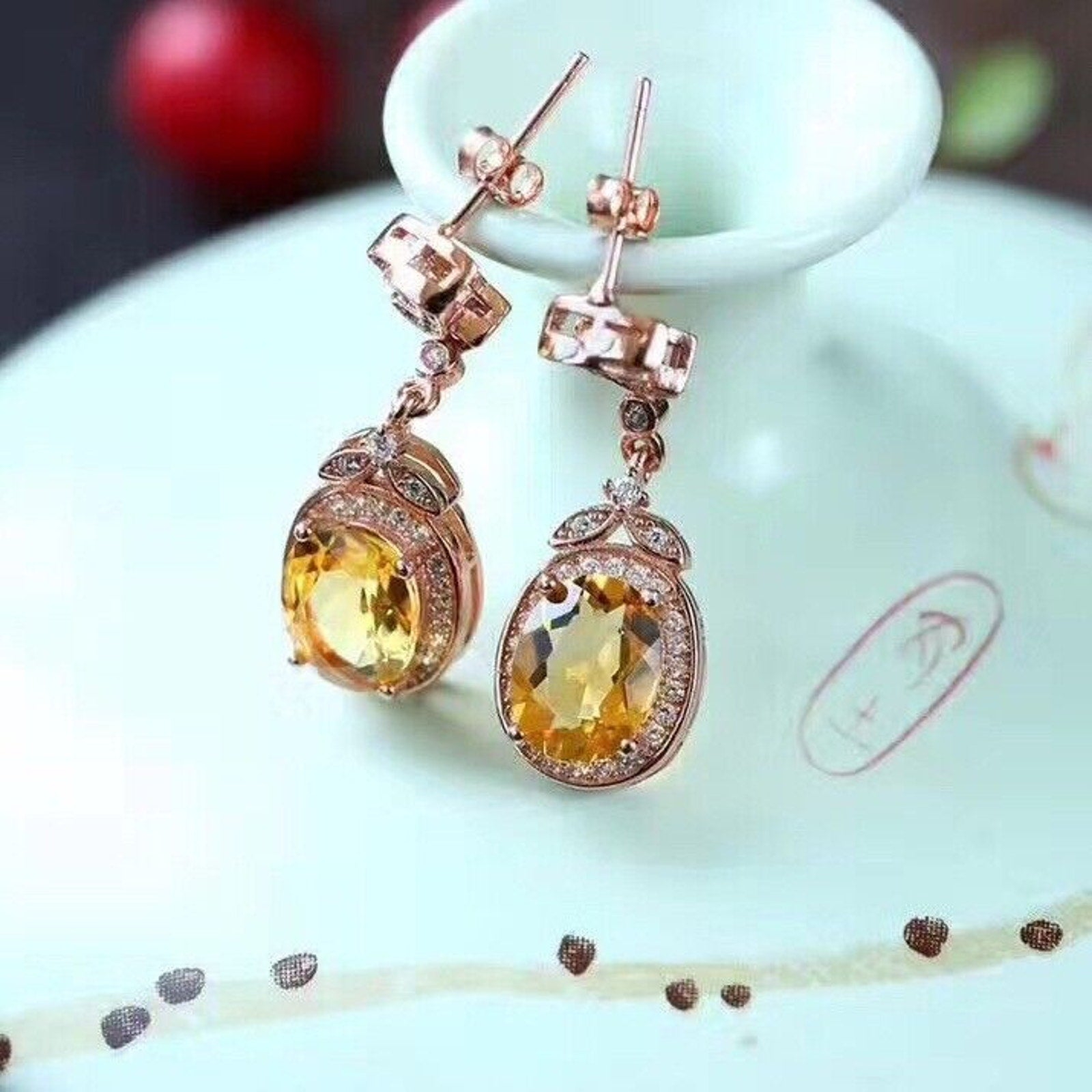 Natural 6x8mm Citrine Gemstone Earrings, Rose Gold Plated Silver Citrine Earring