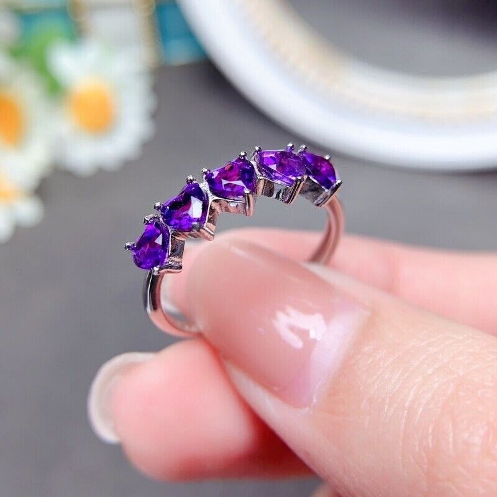 Heart Shaped Amethyst Band Ring, Natural Amethyst Heart Shaped Eternity Ring