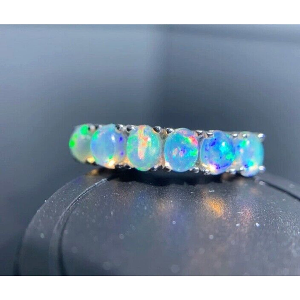 Australian Opal Band Ring, Women's White Opal Ring Sterling Silver, Opal Band
