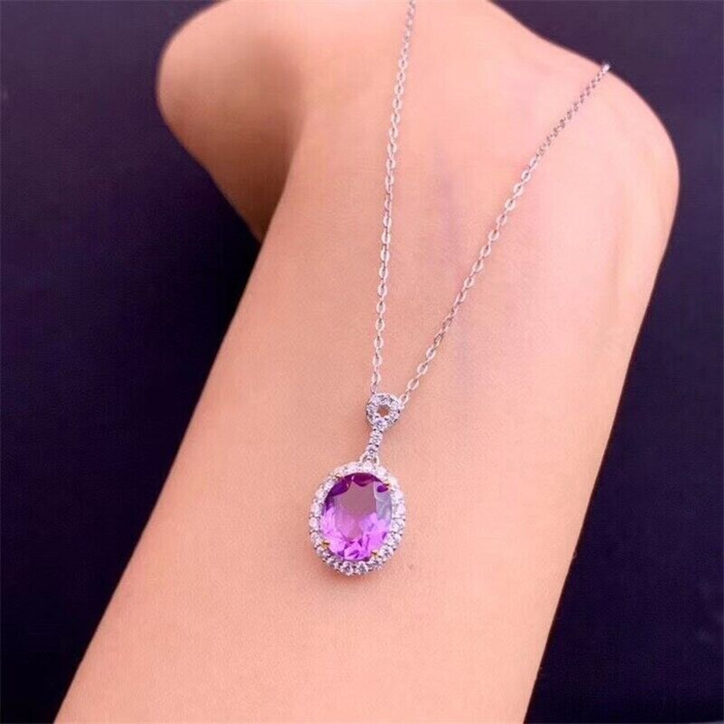 Natural Amethyst Pendant and Ring Jewelry Set, Oval Cut Ring and Pendant Set