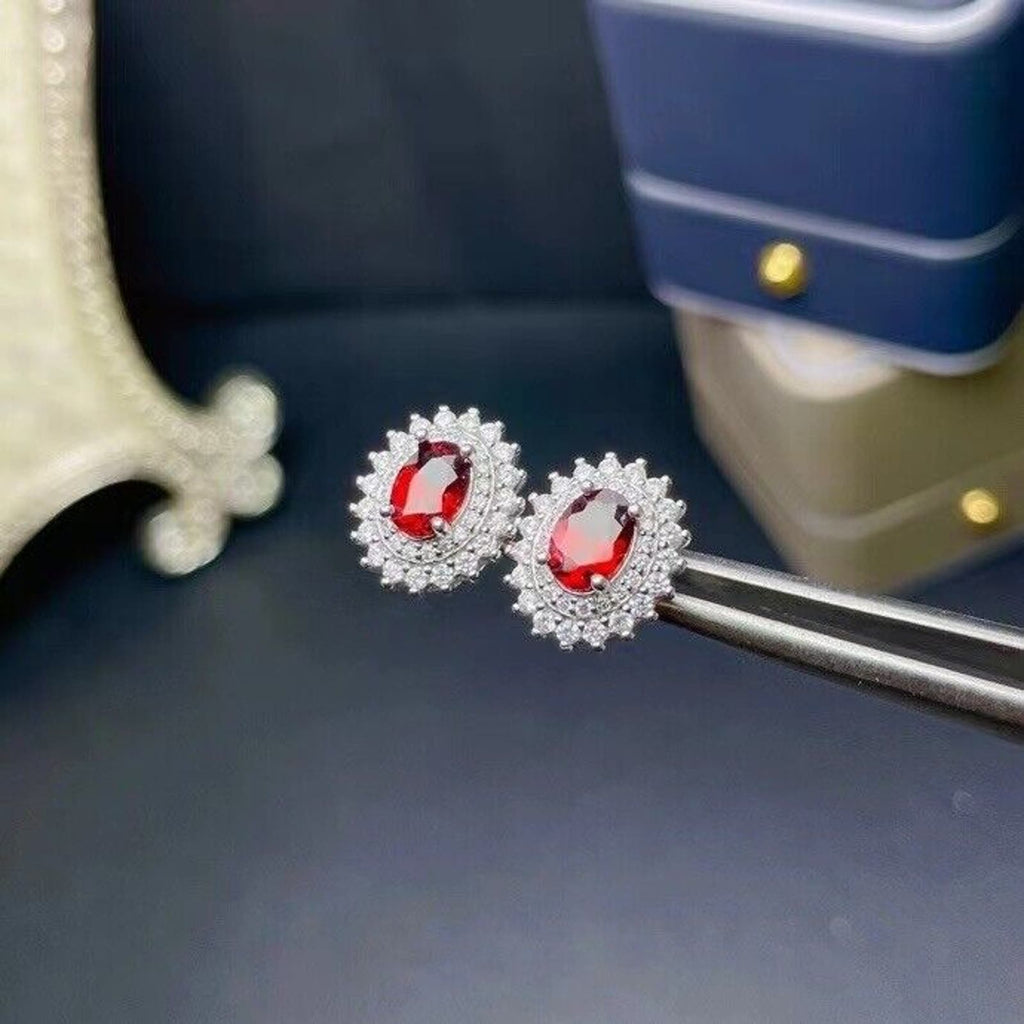 Women's Garnet Stud Earrings 5x7mm Platinum Plated, Garnet Earrings Platinum