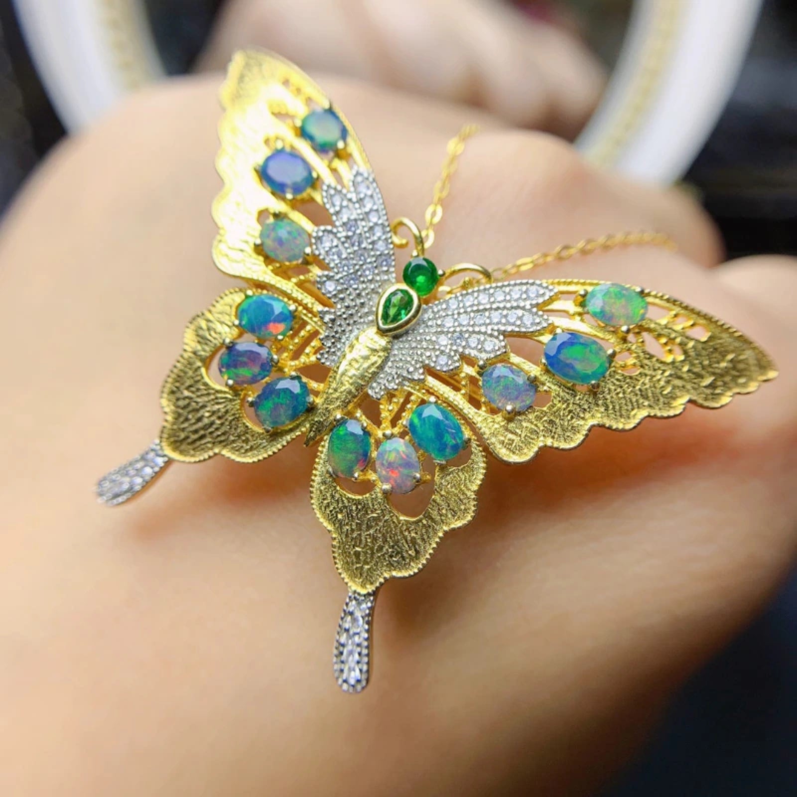 Australian Opal Butterfly Brooch, Blue Opal Butterfly Brooch Pin and Pendant