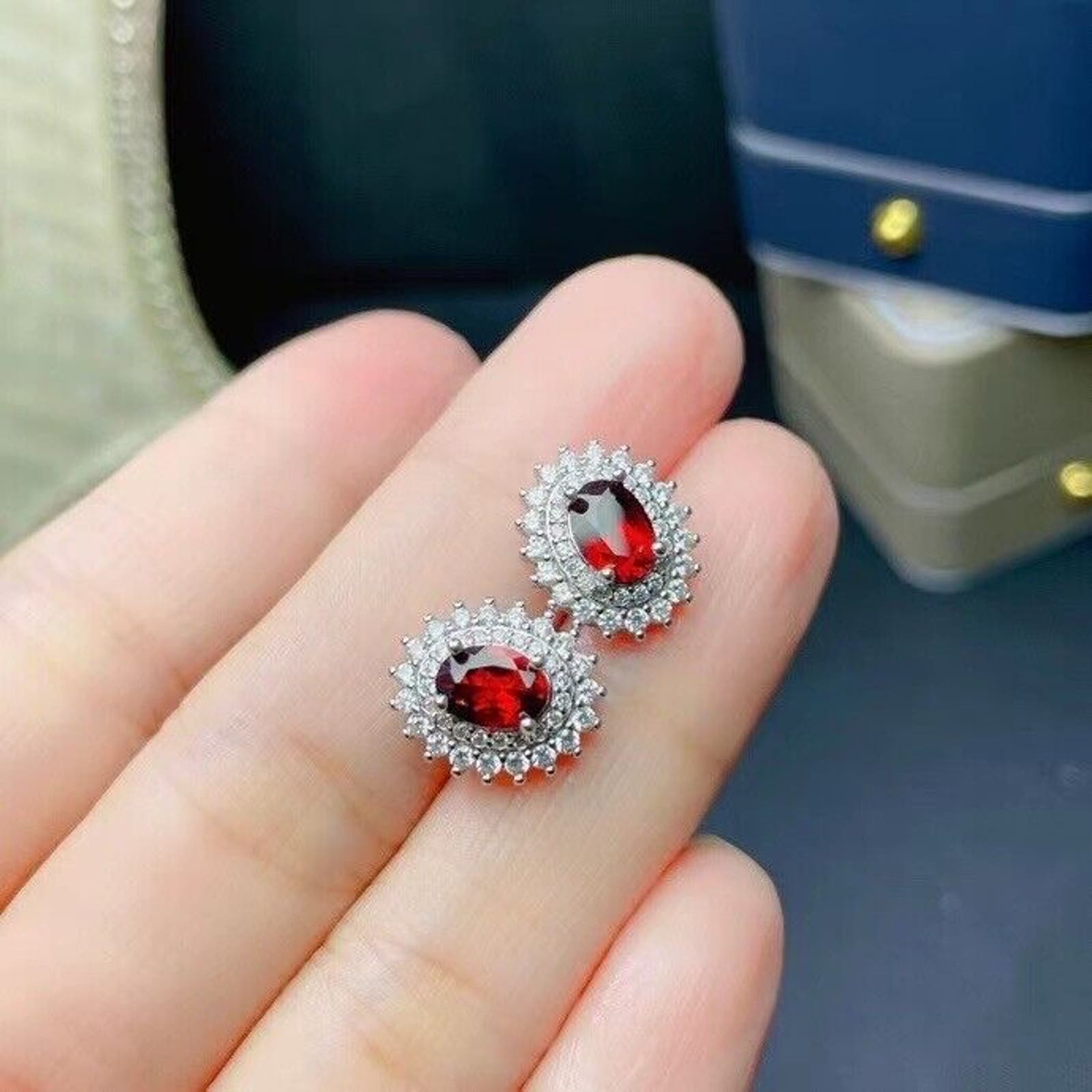 Women's Garnet Stud Earrings 5x7mm Platinum Plated, Garnet Earrings Platinum