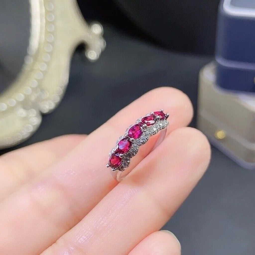 Pink Garnet Band Ring, Pinkish Purple Natural Garnet Ring Platinum Plated Silver