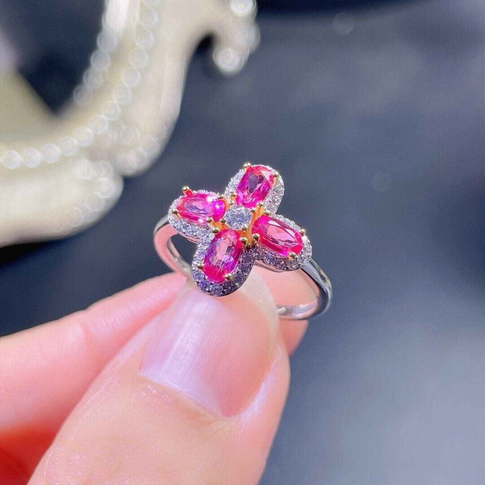 Natural Pink Topaz Floral Ring Sterling Silver 3x5mm Cocktail Ring, Pink Topaz