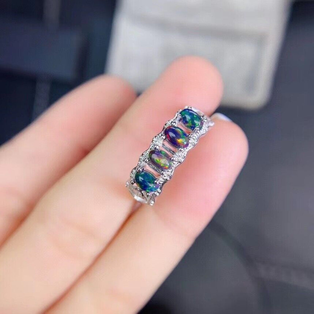 Natural Black Opal Band Ring, Black Opal Half Eternity Ring Platinum Plated
