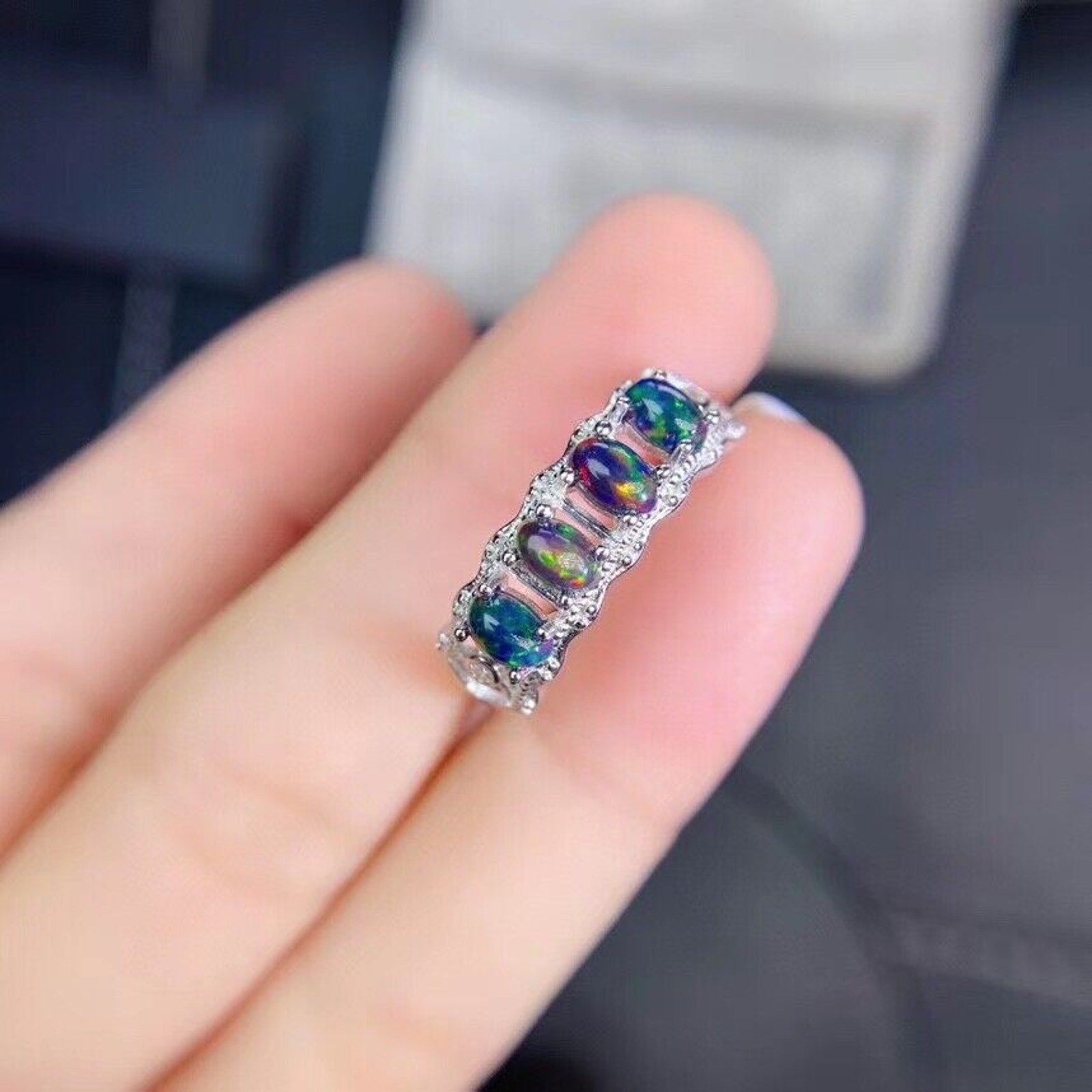 Natural Black Opal Band Ring, Black Opal Half Eternity Ring Platinum Plated