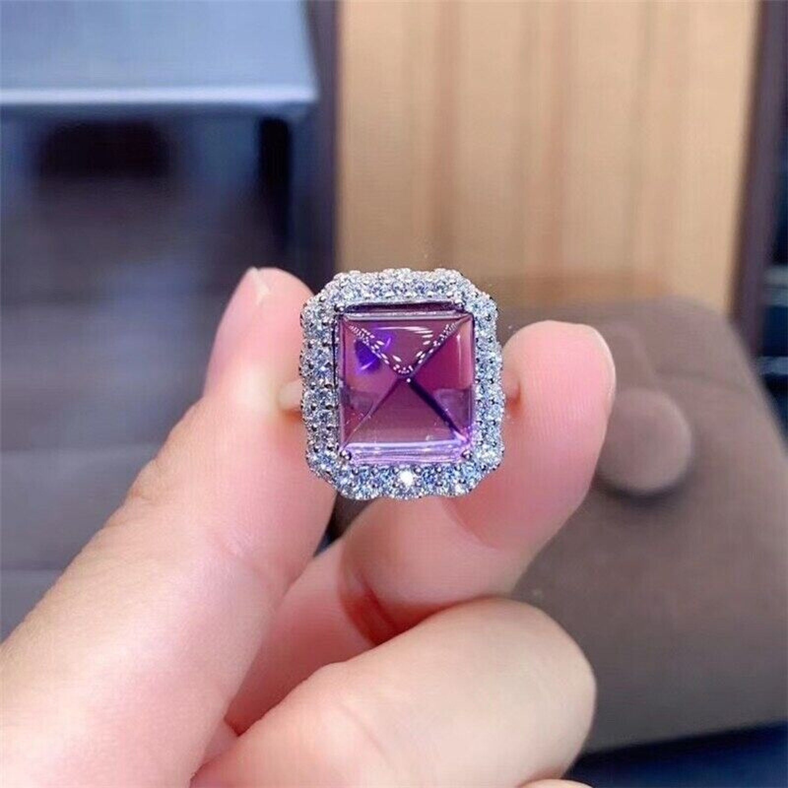 10x10mm Sugarloaf Amethyst Gemstone Ring with Cubic Zirconia, 925 Sterling